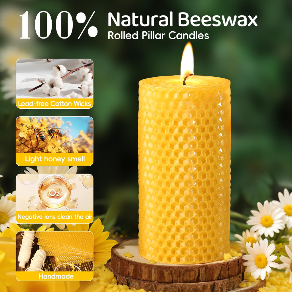 3 Pack Natural Beeswax Pillar Candles,Handmade Pure Beeswax Rolled Candle-60 Hours Long Burning,Honeycomb Bees Wax Candles for Home, Prayer,Dripless Smokeless Unscented Pillar Candle 2x4in