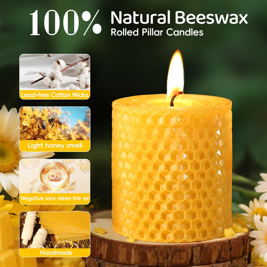 3 Pack Natural Beeswax Pillar Candles,Handmade Pure Beeswax Rolled Candle-60 Hours Long Burning,Honeycomb Bees Wax Candles for Home, Prayer,Dripless Smokeless Unscented Pillar Candle 2x4in