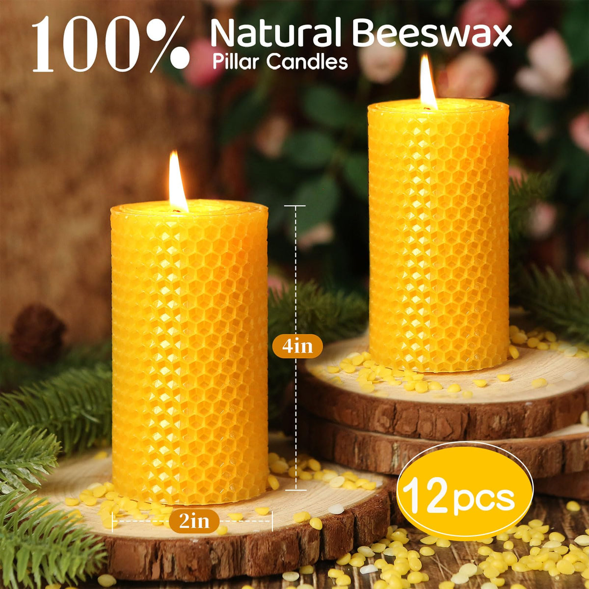 3 Pack Natural Beeswax Pillar Candles,Handmade Pure Beeswax Rolled Candle-60 Hours Long Burning,Honeycomb Bees Wax Candles for Home, Prayer,Dripless Smokeless Unscented Pillar Candle 2x4in