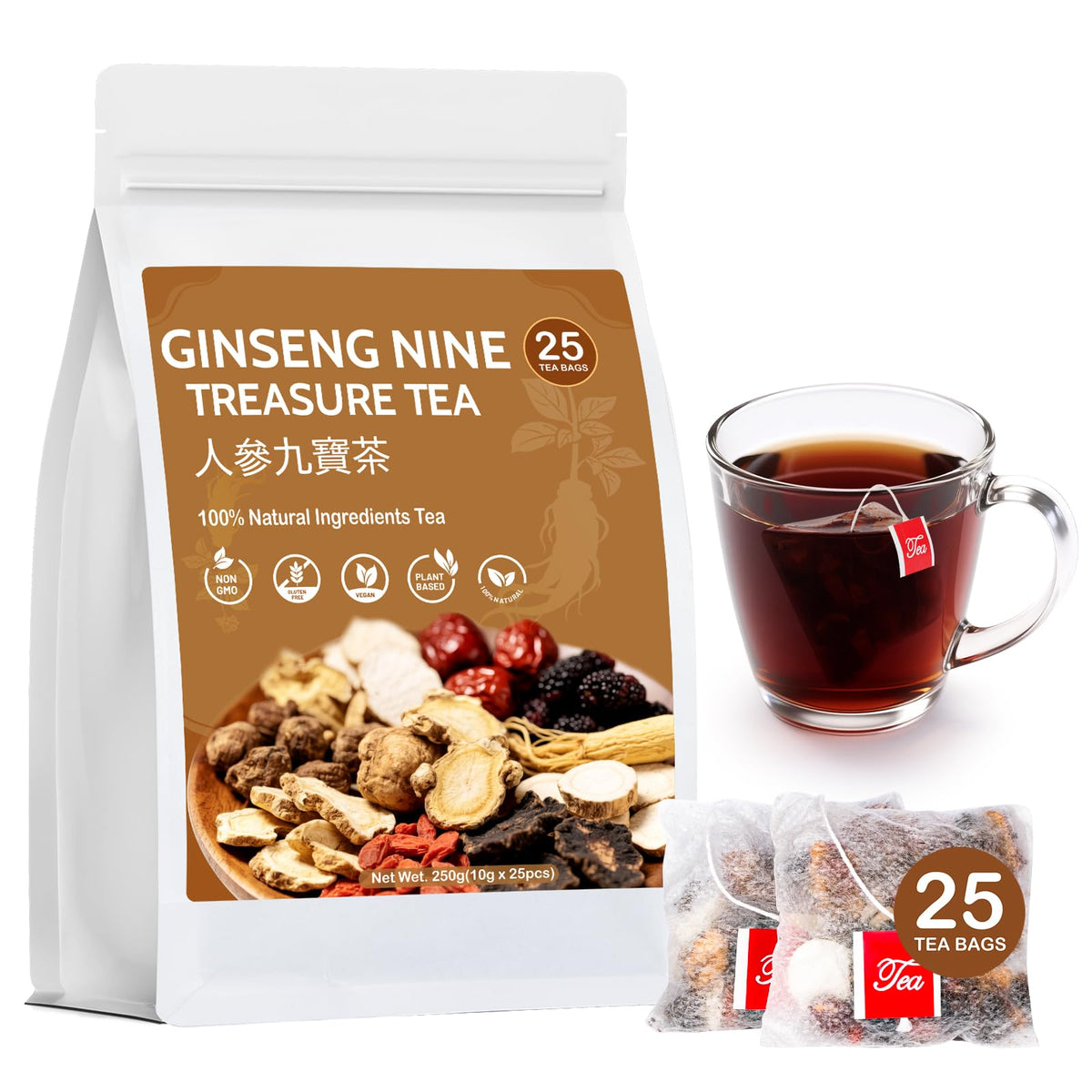 Ginseng Five Treasures Kidney Tea, Traditional Chinese Herbal TeaBags, Natural Kidney Cleanse Detox Tea for Women & Men, 7 Precious Ingredients Formula(1 Pack/25 Bags)