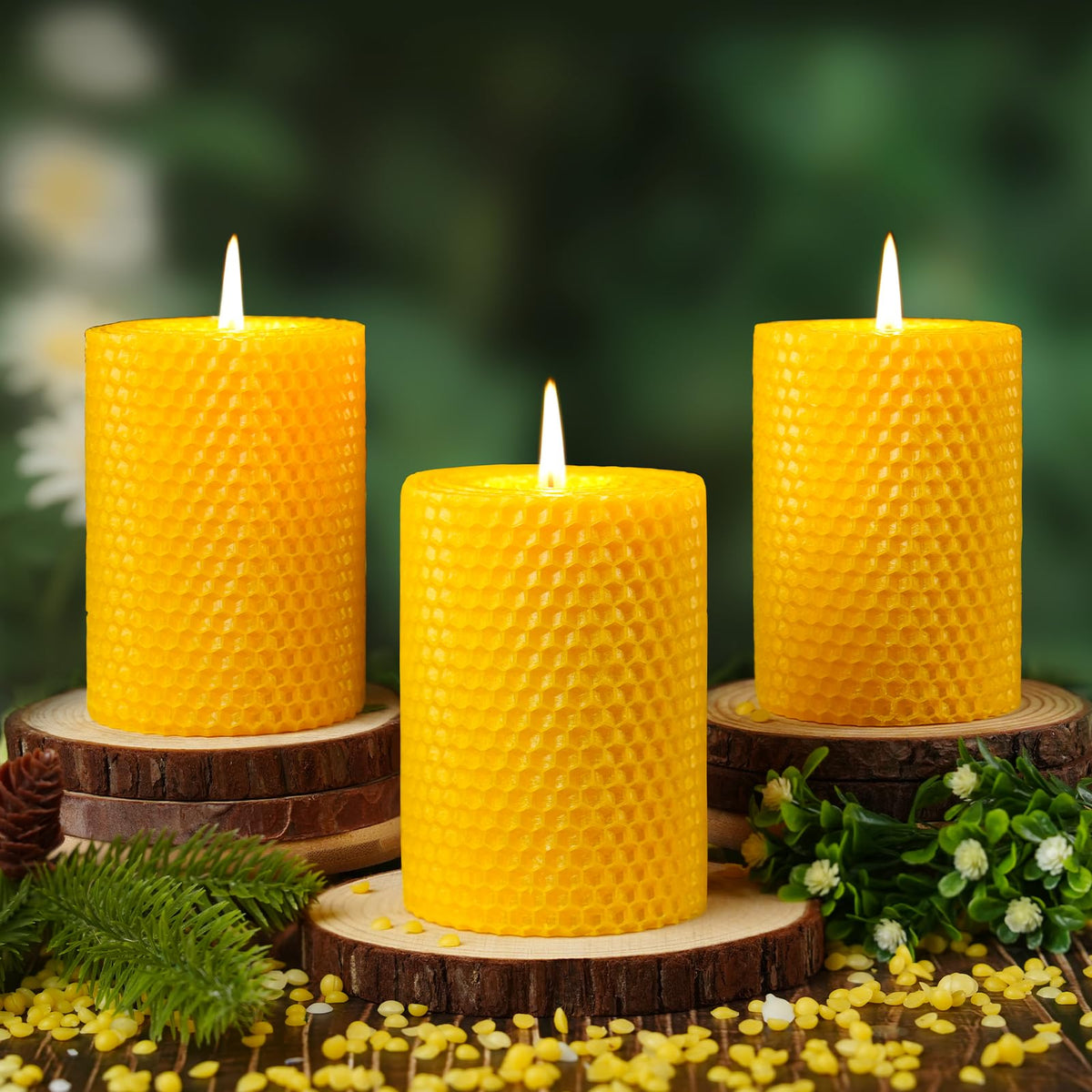 3 Pack Natural Beeswax Pillar Candles,Handmade Pure Beeswax Rolled Candle-60 Hours Long Burning,Honeycomb Bees Wax Candles for Home, Prayer,Dripless Smokeless Unscented Pillar Candle 2x4in