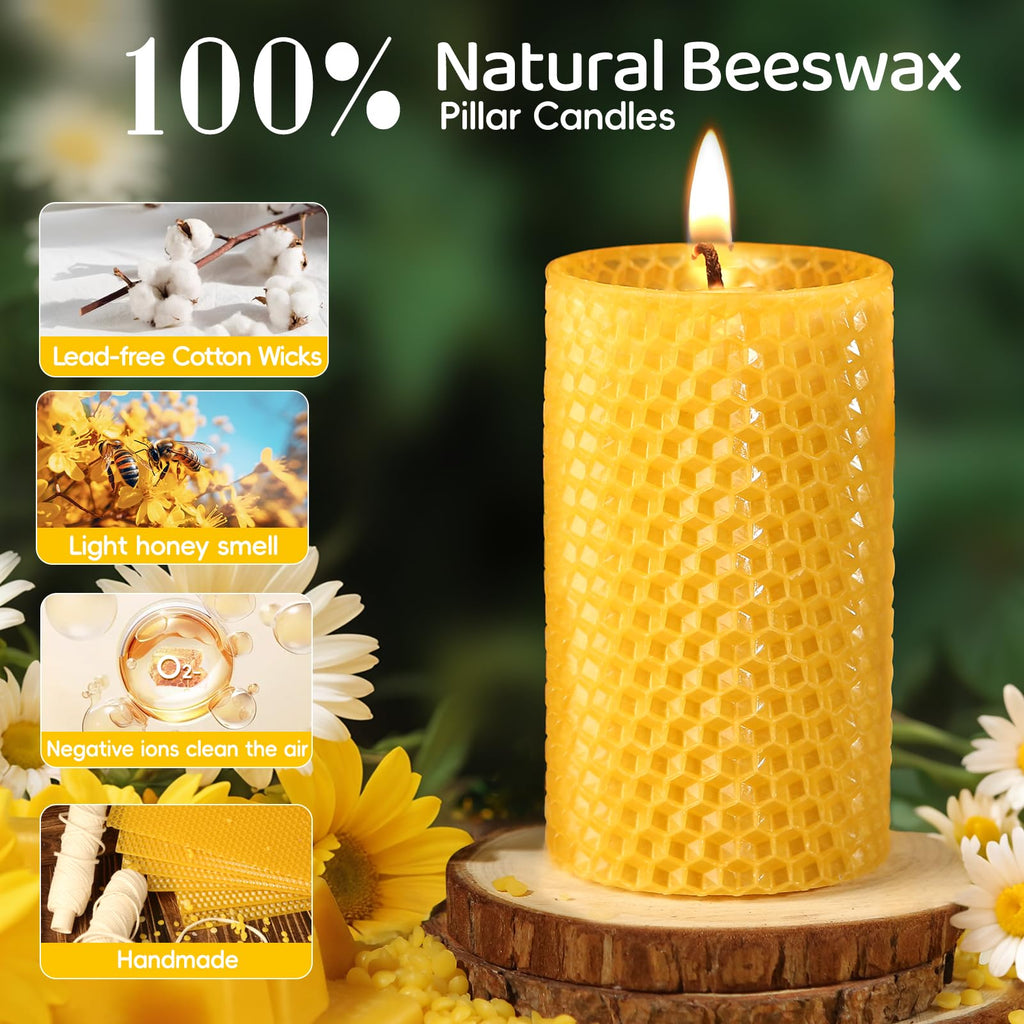 3 Pack Natural Beeswax Pillar Candles,Handmade Pure Beeswax Rolled Candle-60 Hours Long Burning,Honeycomb Bees Wax Candles for Home, Prayer,Dripless Smokeless Unscented Pillar Candle 2x4in