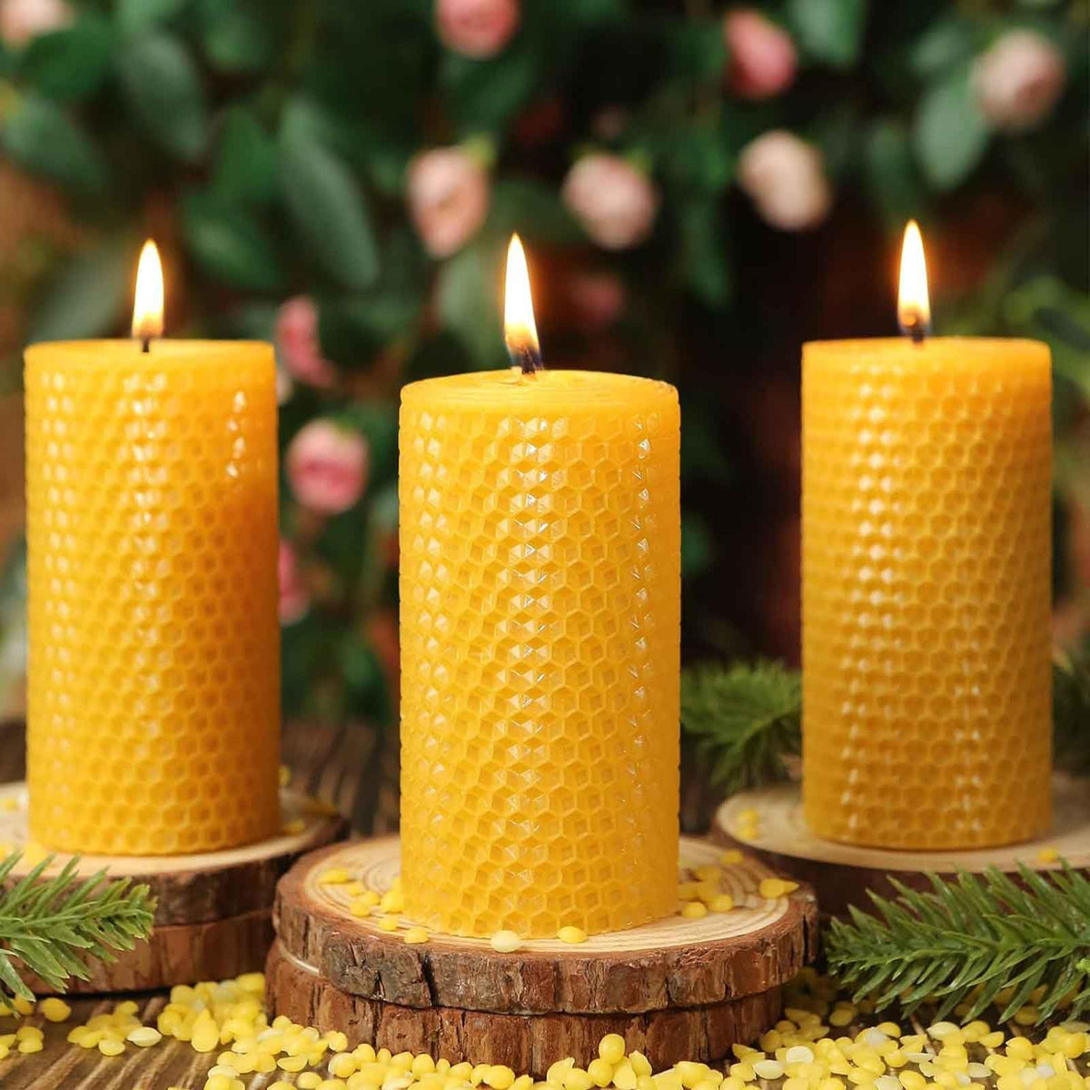 3 Pack Natural Beeswax Pillar Candles,Handmade Pure Beeswax Rolled Candle-60 Hours Long Burning,Honeycomb Bees Wax Candles for Home, Prayer,Dripless Smokeless Unscented Pillar Candle 2x4in