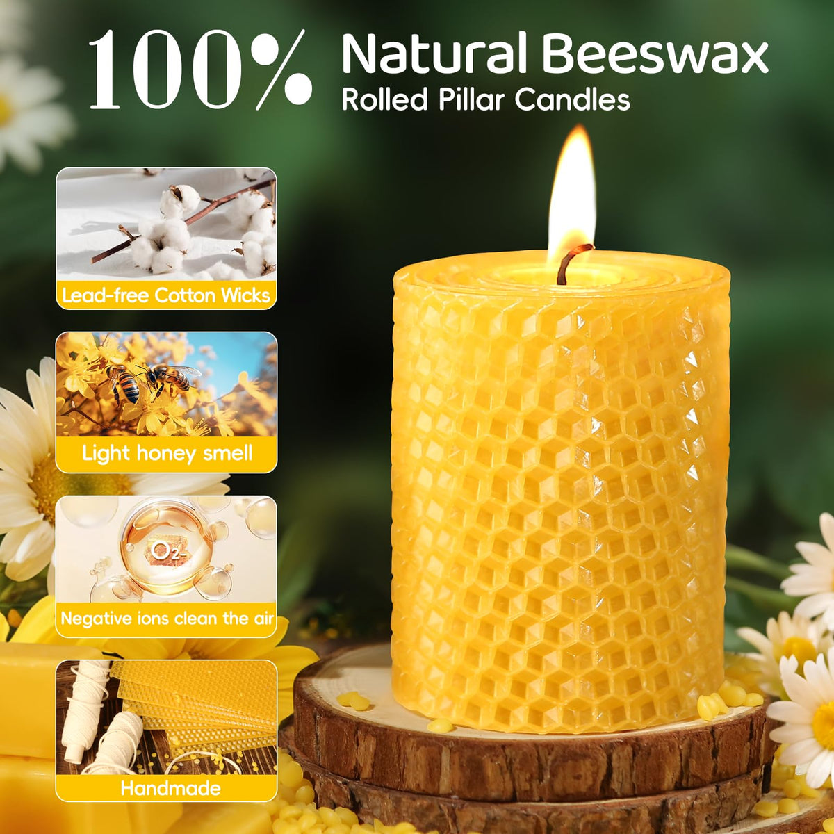 3 Pack Natural Beeswax Pillar Candles,Handmade Pure Beeswax Rolled Candle-60 Hours Long Burning,Honeycomb Bees Wax Candles for Home, Prayer,Dripless Smokeless Unscented Pillar Candle 2x4in