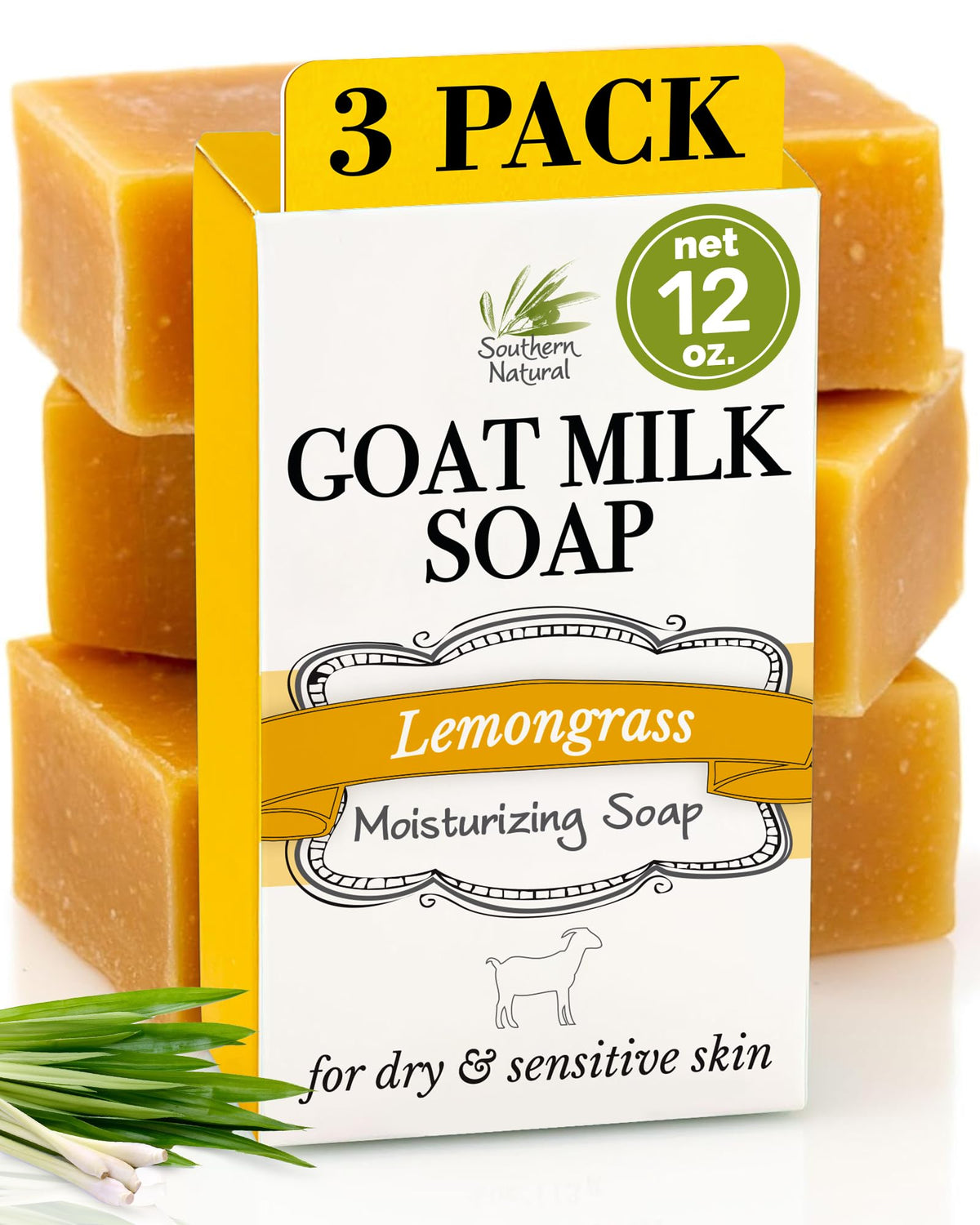 Southern Natural Goat Milk Soap Bar - Oatmeal Milk & Honey 3 Pack - For Dry Sensitive Skin. Natural, Handmade Soap For Men, Women, Kids, Face & Body