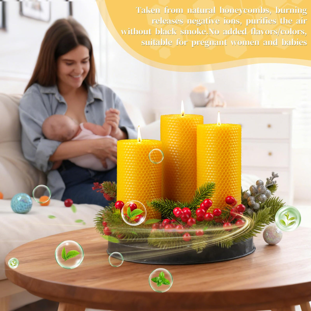 3 Pack Natural Beeswax Pillar Candles,Handmade Pure Beeswax Rolled Candle-60 Hours Long Burning,Honeycomb Bees Wax Candles for Home, Prayer,Dripless Smokeless Unscented Pillar Candle 2x4in