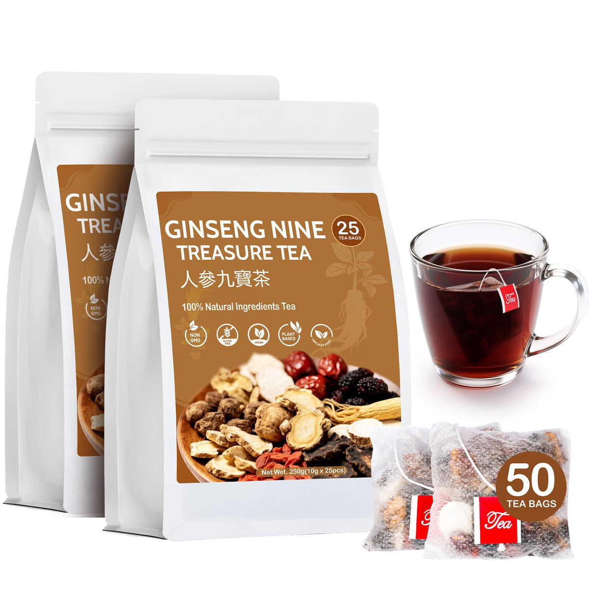 Ginseng Five Treasures Kidney Tea, Traditional Chinese Herbal TeaBags, Natural Kidney Cleanse Detox Tea for Women & Men, 7 Precious Ingredients Formula(1 Pack/25 Bags)