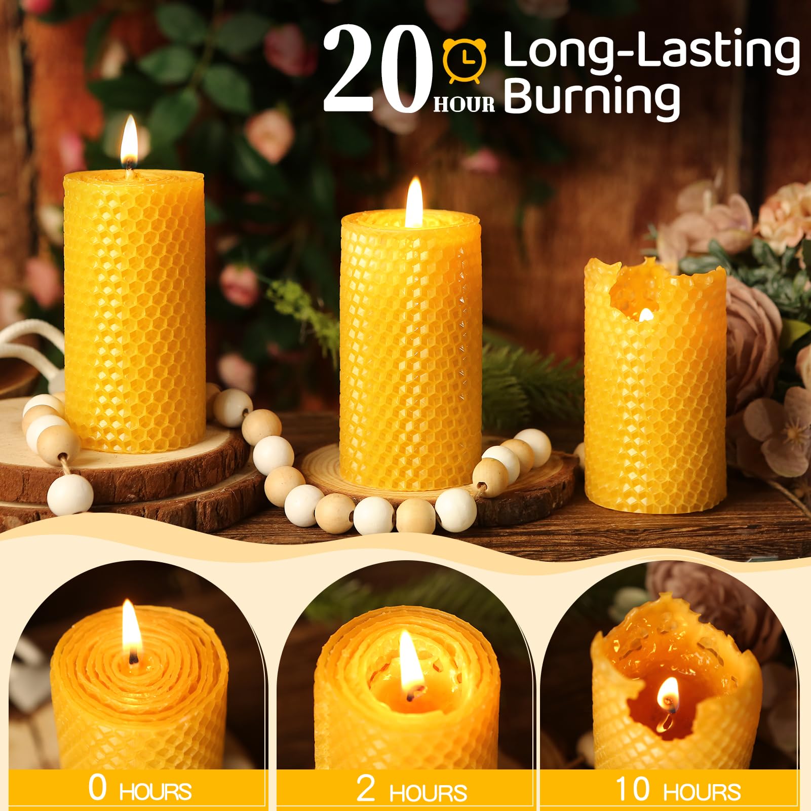 3 Pack Natural Beeswax Pillar Candles,Handmade Pure Beeswax Rolled Candle-60 Hours Long Burning,Honeycomb Bees Wax Candles for Home, Prayer,Dripless Smokeless Unscented Pillar Candle 2x4in