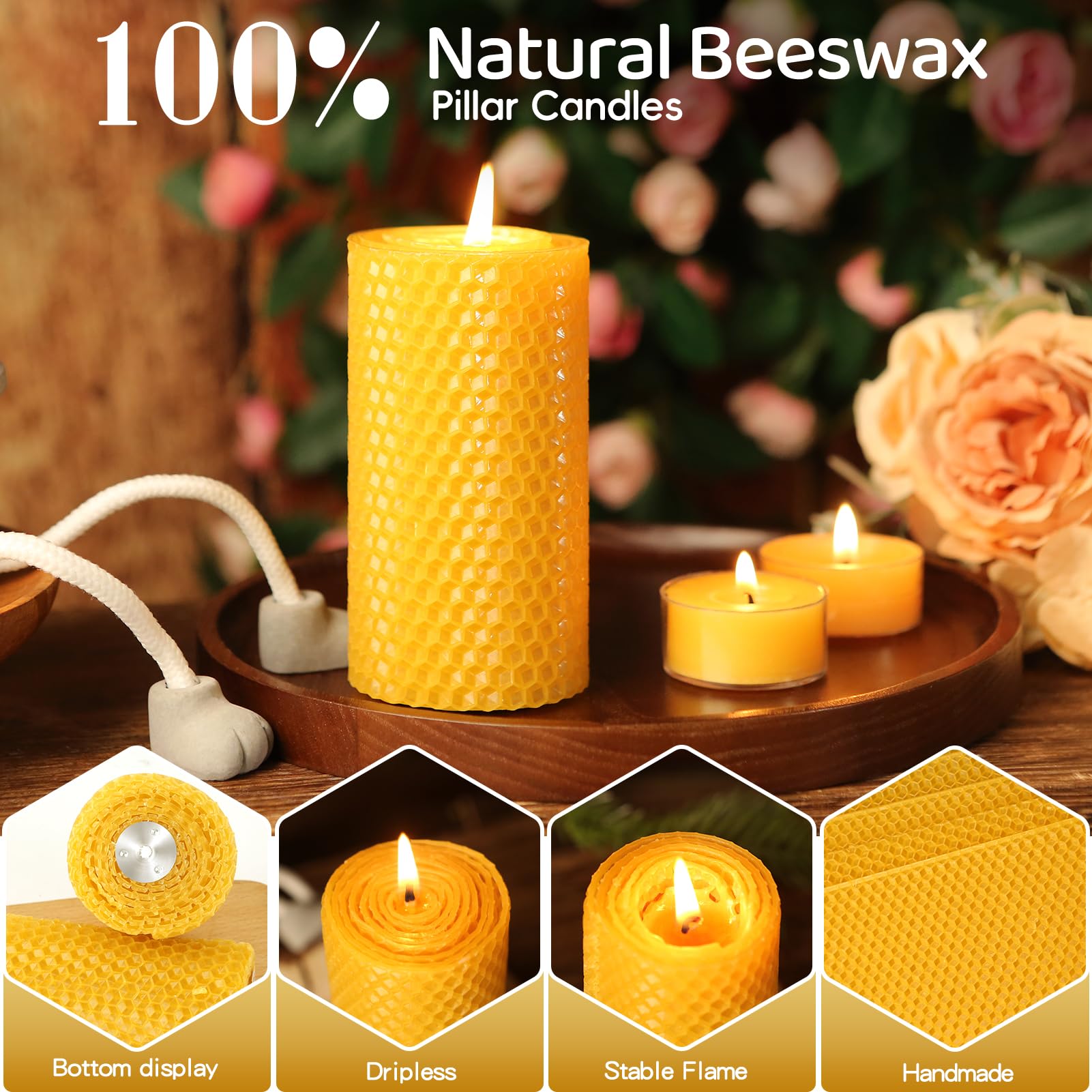 3 Pack Natural Beeswax Pillar Candles,Handmade Pure Beeswax Rolled Candle-60 Hours Long Burning,Honeycomb Bees Wax Candles for Home, Prayer,Dripless Smokeless Unscented Pillar Candle 2x4in