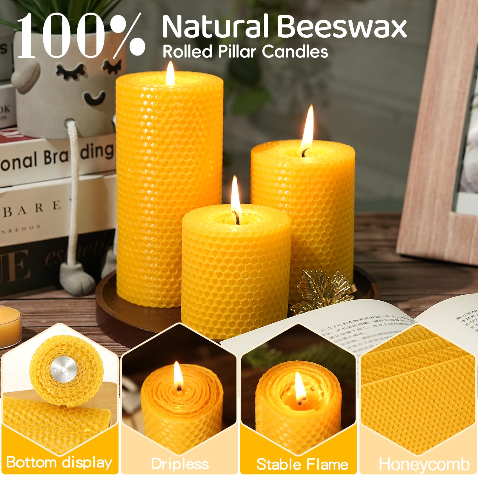3 Pack Natural Beeswax Pillar Candles,Handmade Pure Beeswax Rolled Candle-60 Hours Long Burning,Honeycomb Bees Wax Candles for Home, Prayer,Dripless Smokeless Unscented Pillar Candle 2x4in