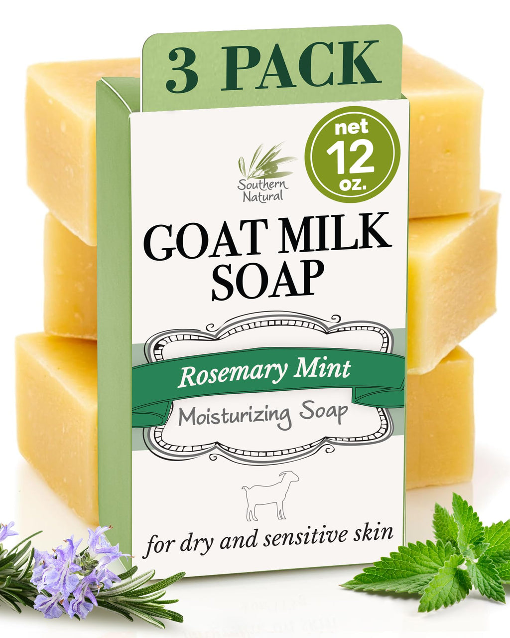 Southern Natural Goat Milk Soap Bar - Oatmeal Milk & Honey 3 Pack - For Dry Sensitive Skin. Natural, Handmade Soap For Men, Women, Kids, Face & Body