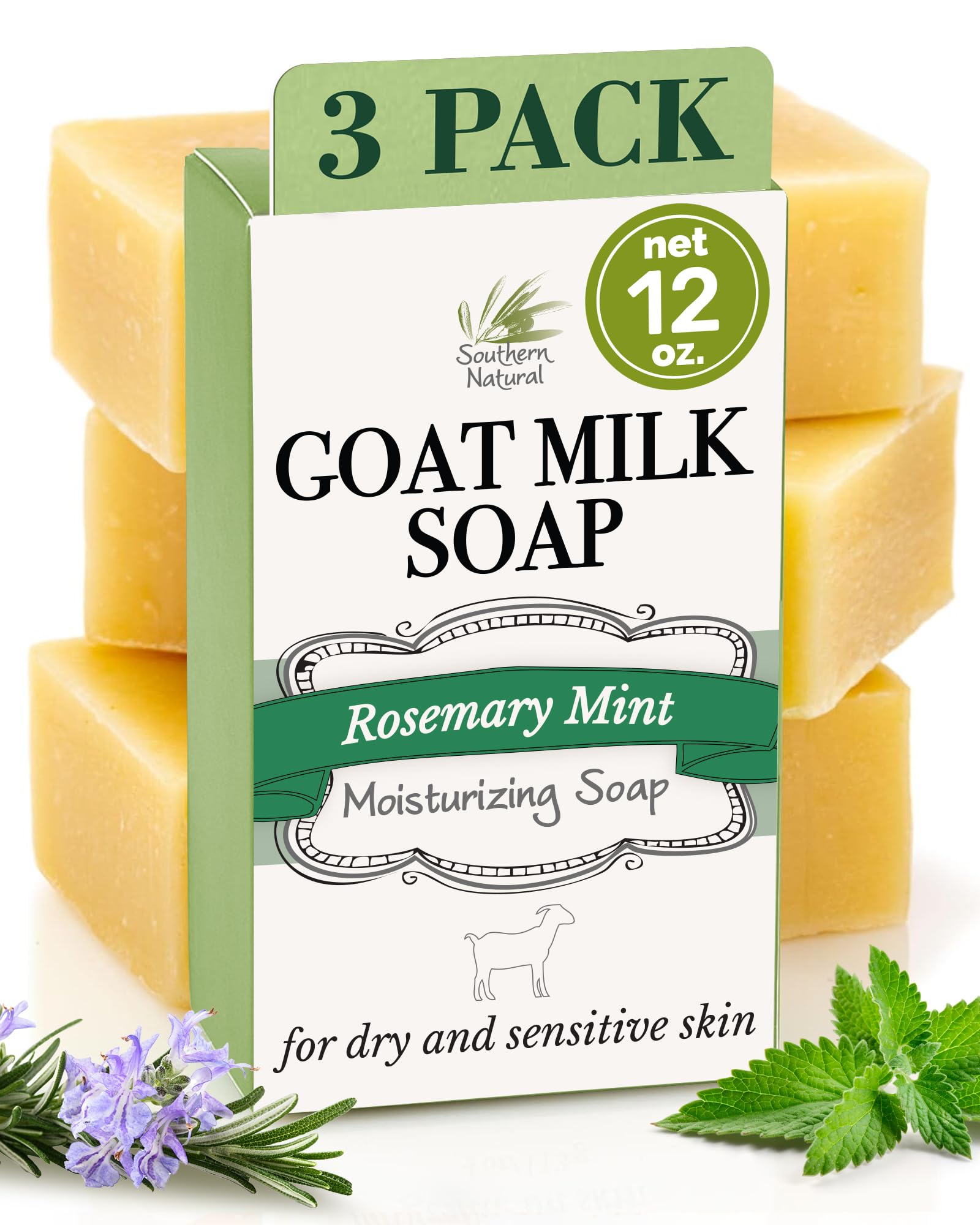 Southern Natural Goat Milk Soap Bar - Oatmeal Milk & Honey 3 Pack - For Dry Sensitive Skin. Natural, Handmade Soap For Men, Women, Kids, Face & Body