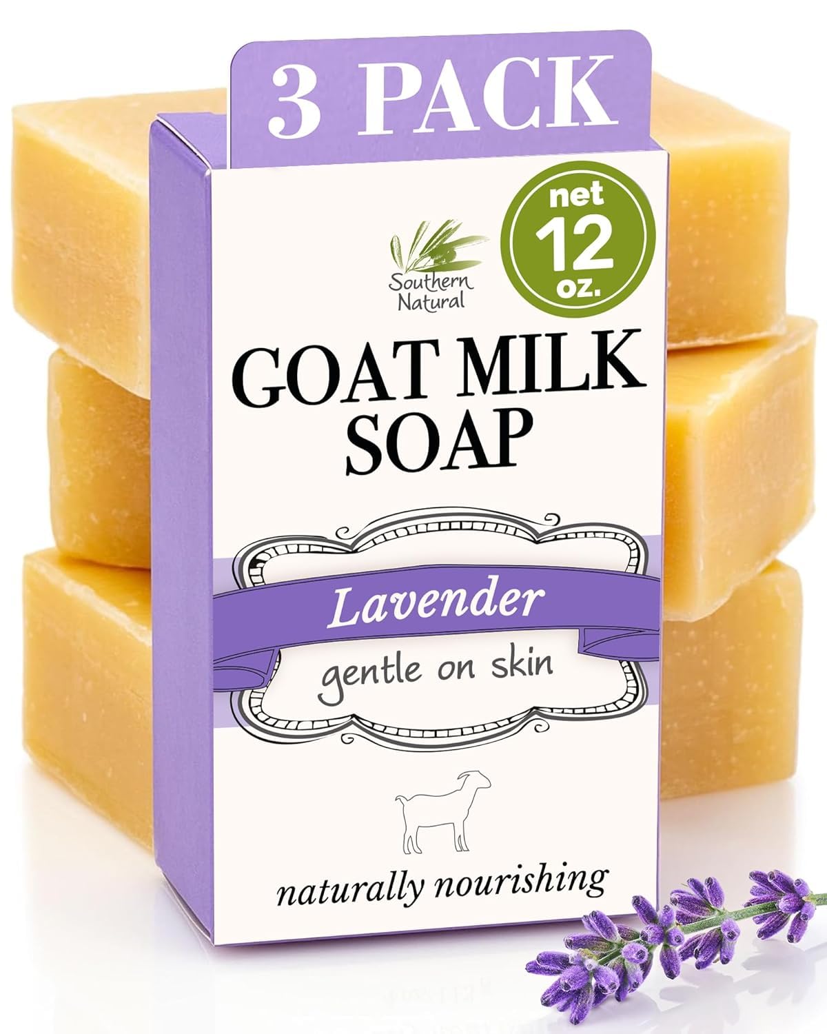 Southern Natural Goat Milk Soap Bar - Oatmeal Milk & Honey 3 Pack - For Dry Sensitive Skin. Natural, Handmade Soap For Men, Women, Kids, Face & Body