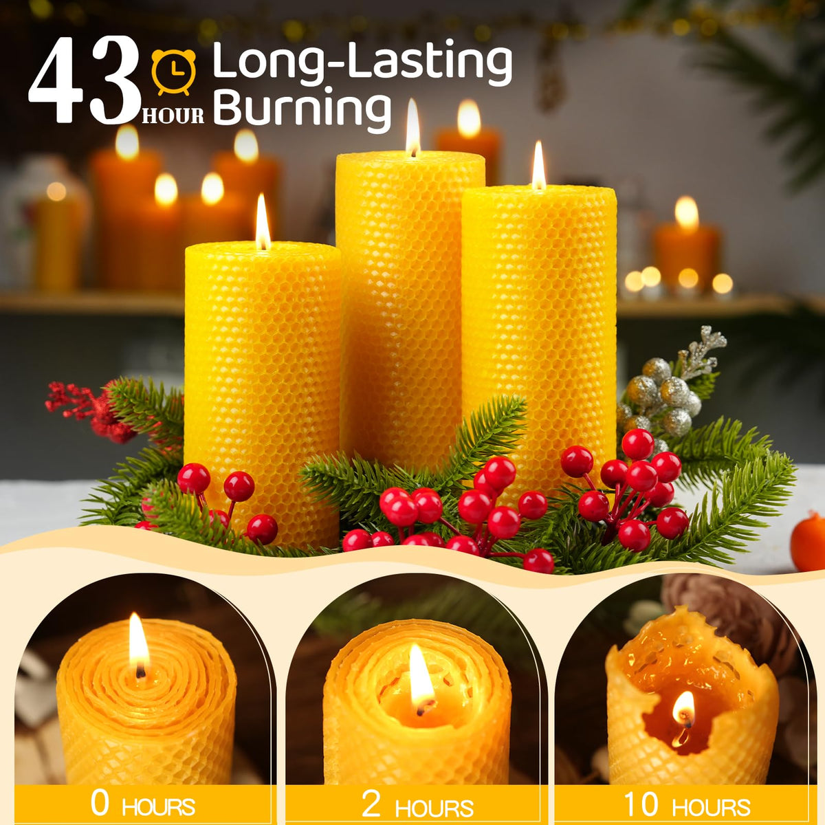 3 Pack Natural Beeswax Pillar Candles,Handmade Pure Beeswax Rolled Candle-60 Hours Long Burning,Honeycomb Bees Wax Candles for Home, Prayer,Dripless Smokeless Unscented Pillar Candle 2x4in