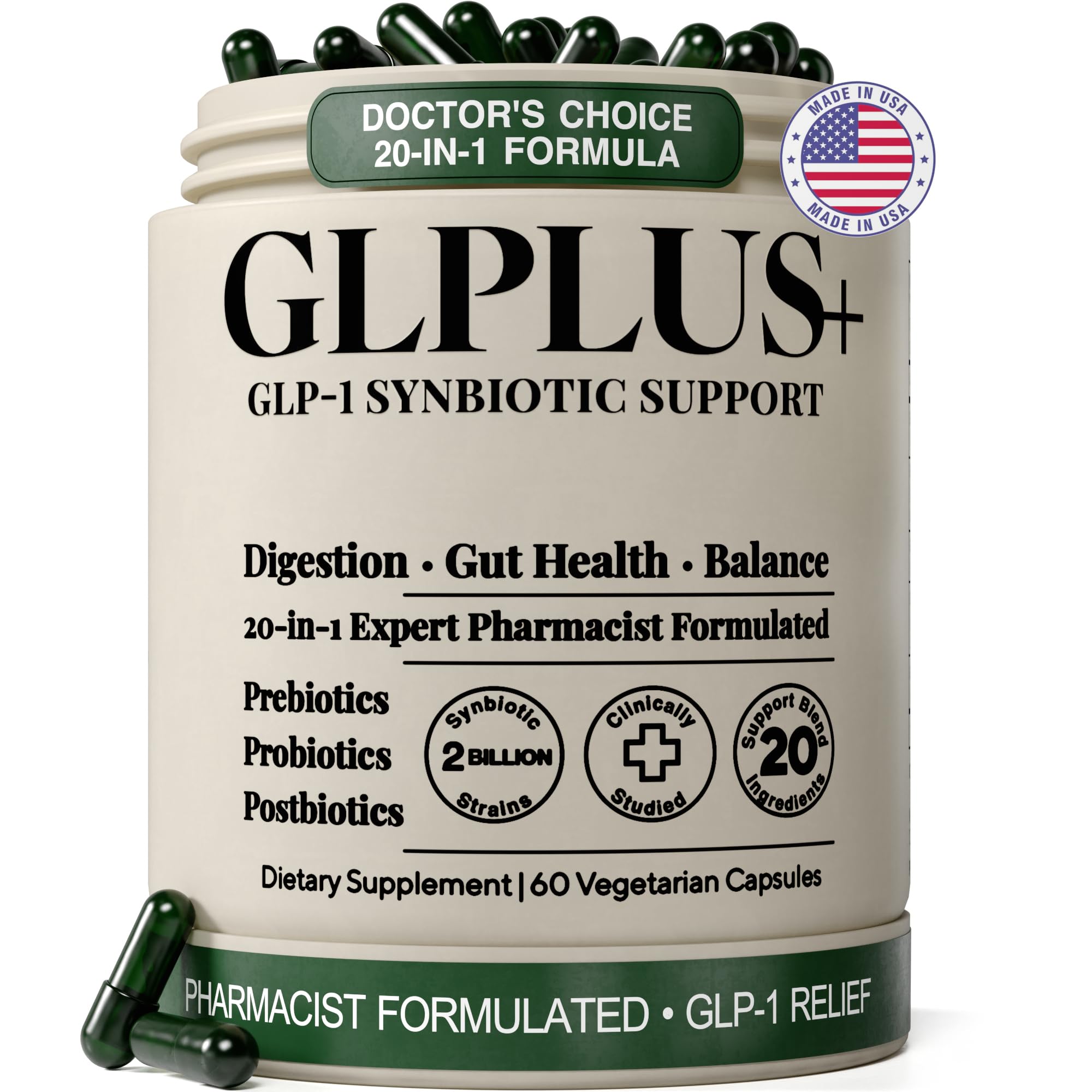 GLP-1 Support Supplement for Nausea, Bloating & Gut Health – Synbiotic Pre, Pro & Postbiotic for Women & Men, GLP-1 Users – Pharmacist Formulated, 20-in-1 (60 Capsules)