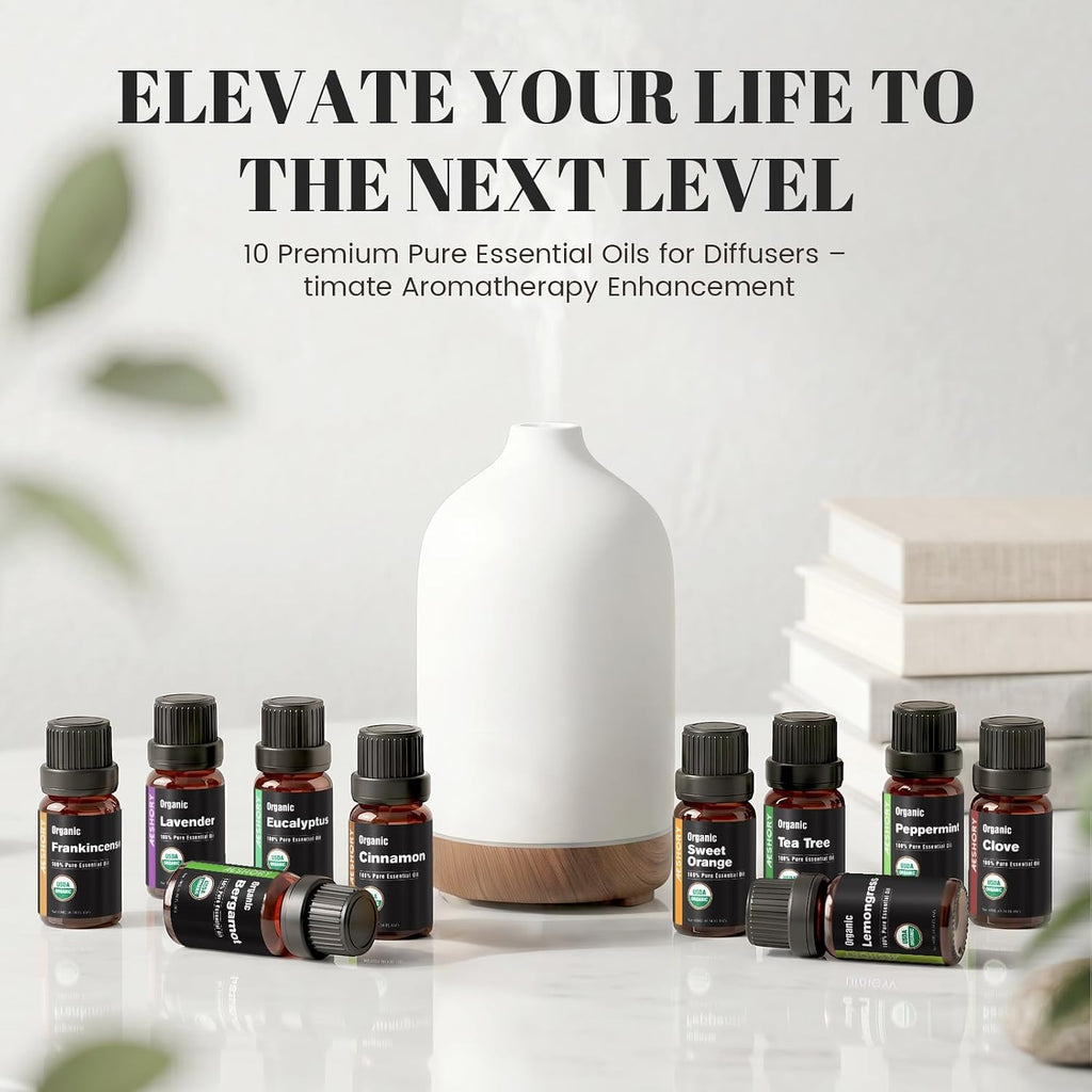 Organic Essential Oils Gift Set, Top 10x10ML-100% Pure Natural Aromatherapy for Diffusers, Humidifiers, Candle Making, Peppermint, Tea Tree, Lavender, Frankincense, Lemongrass, Eucalyptus & More