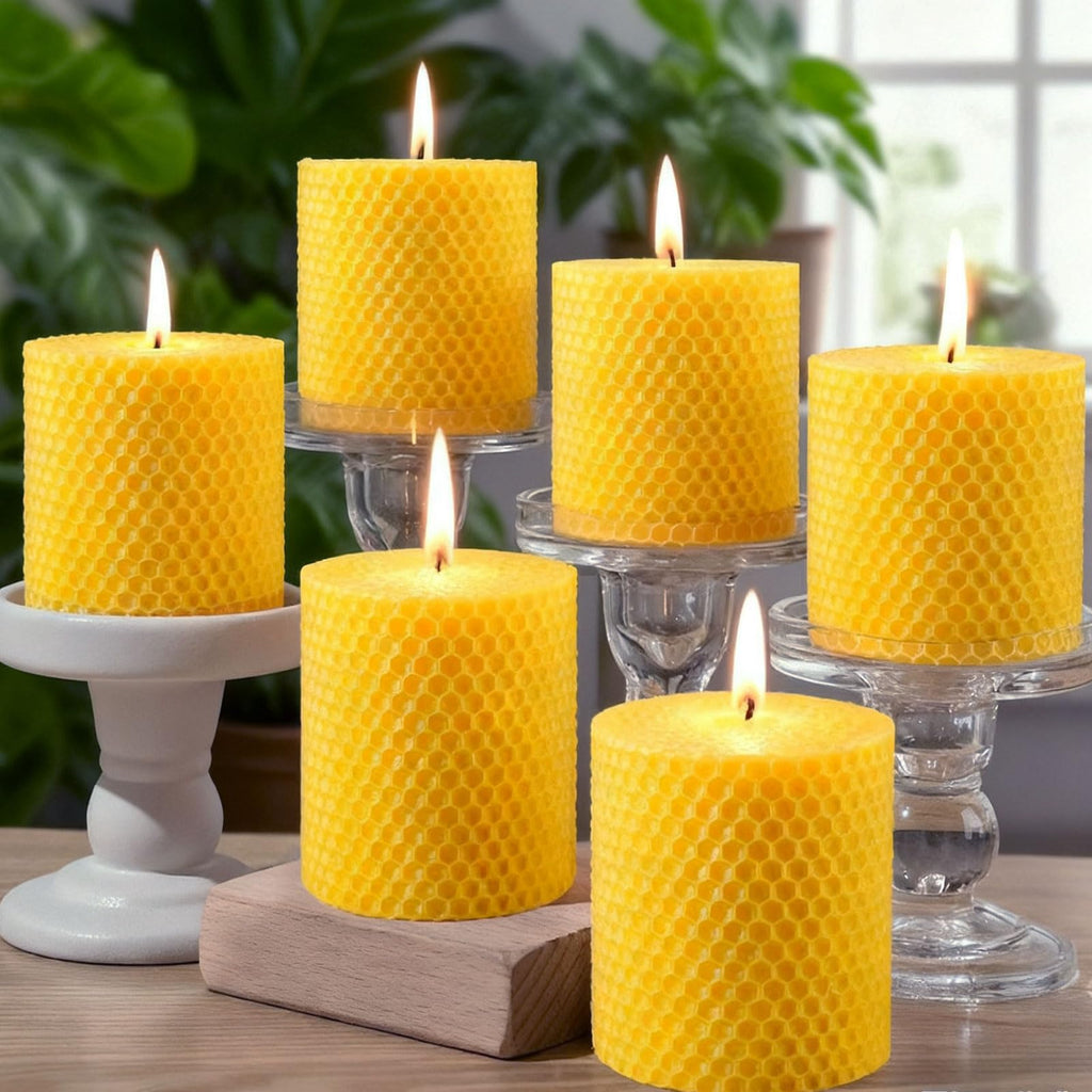 3 Pack Natural Beeswax Pillar Candles,Handmade Pure Beeswax Rolled Candle-60 Hours Long Burning,Honeycomb Bees Wax Candles for Home, Prayer,Dripless Smokeless Unscented Pillar Candle 2x4in