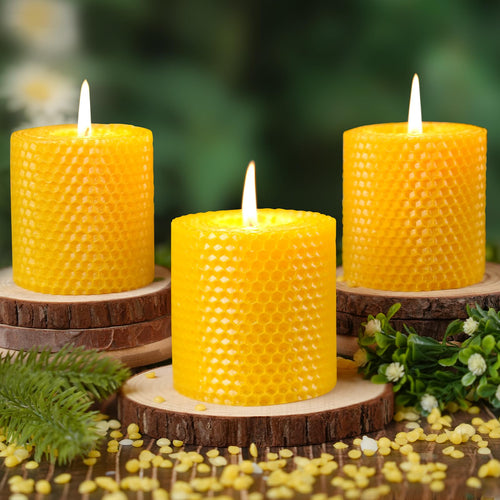 3 Pack Natural Beeswax Pillar Candles,Handmade Pure Beeswax Rolled Candle-60 Hours Long Burning,Honeycomb Bees Wax Candles for Home, Prayer,Dripless Smokeless Unscented Pillar Candle 2x4in