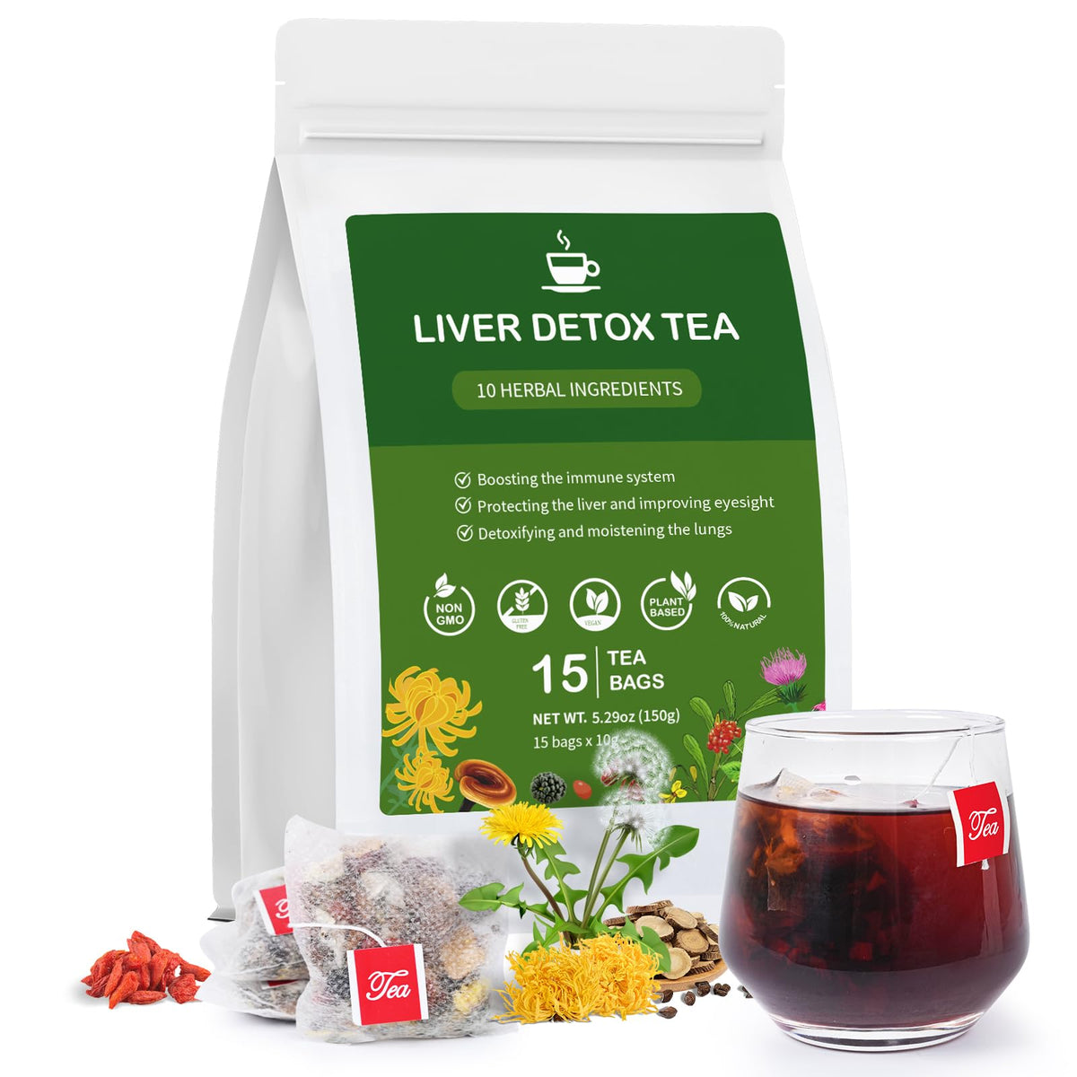 Ginseng Five Treasures Kidney Tea, Traditional Chinese Herbal TeaBags, Natural Kidney Cleanse Detox Tea for Women & Men, 7 Precious Ingredients Formula(1 Pack/25 Bags)