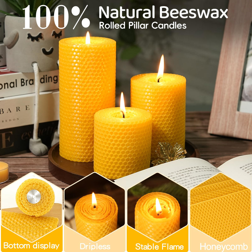 3 Pack Natural Beeswax Pillar Candles,Handmade Pure Beeswax Rolled Candle-60 Hours Long Burning,Honeycomb Bees Wax Candles for Home, Prayer,Dripless Smokeless Unscented Pillar Candle 2x4in