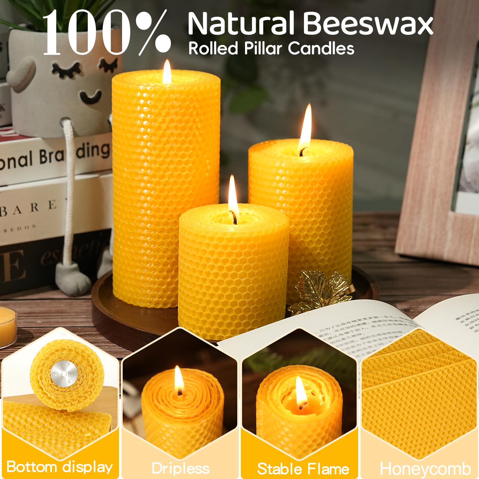 3 Pack Natural Beeswax Pillar Candles,Handmade Pure Beeswax Rolled Candle-60 Hours Long Burning,Honeycomb Bees Wax Candles for Home, Prayer,Dripless Smokeless Unscented Pillar Candle 2x4in