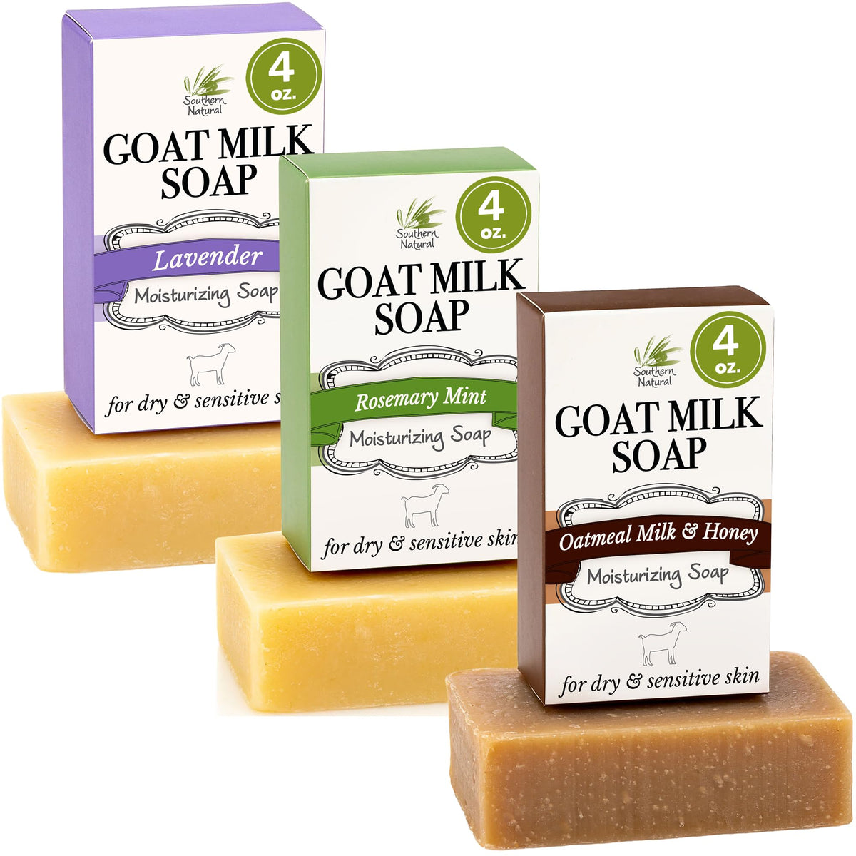 Southern Natural Goat Milk Soap Bar - Oatmeal Milk & Honey 3 Pack - For Dry Sensitive Skin. Natural, Handmade Soap For Men, Women, Kids, Face & Body