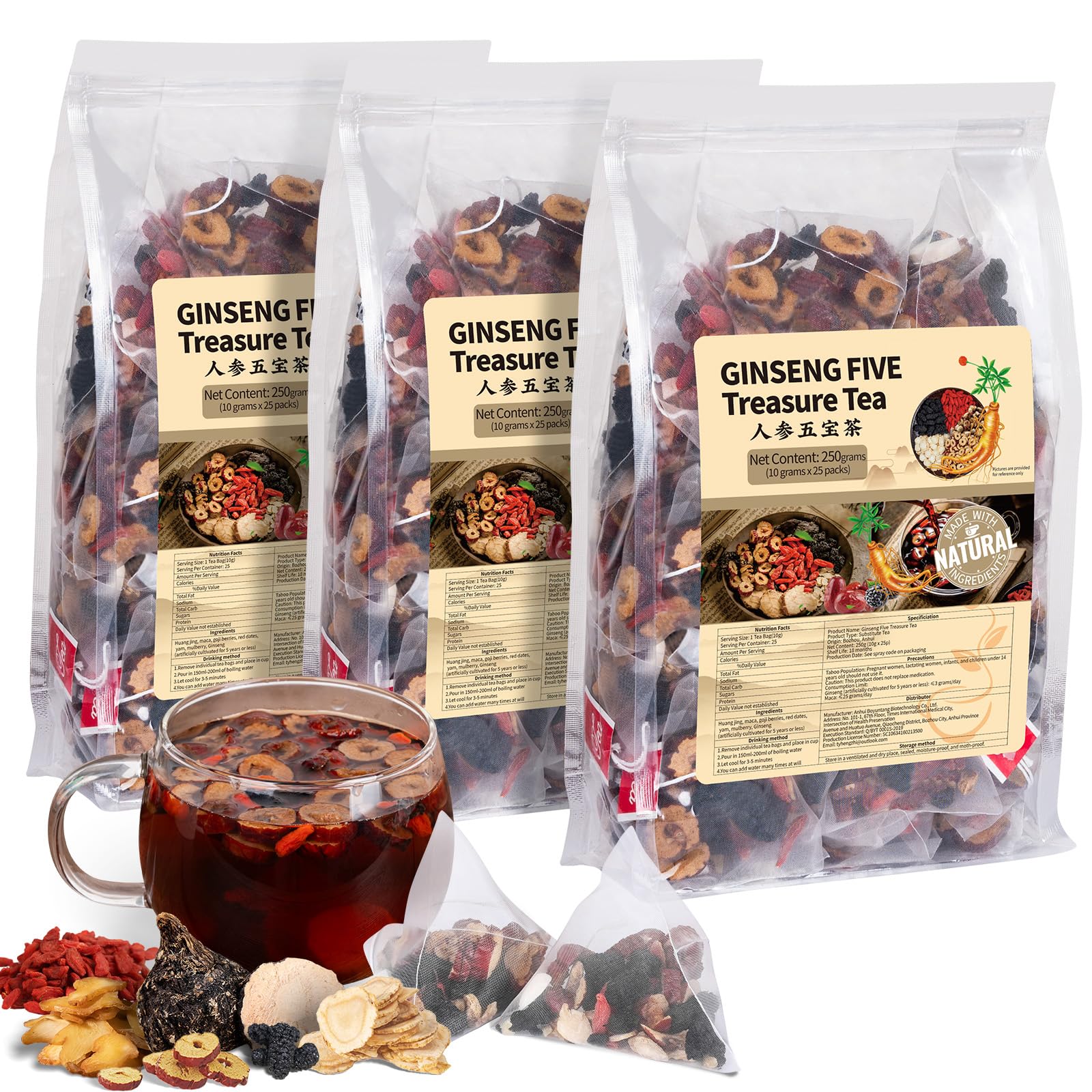 Ginseng Five Treasures Kidney Tea, Traditional Chinese Herbal TeaBags, Natural Kidney Cleanse Detox Tea for Women & Men, 7 Precious Ingredients Formula(1 Pack/25 Bags)
