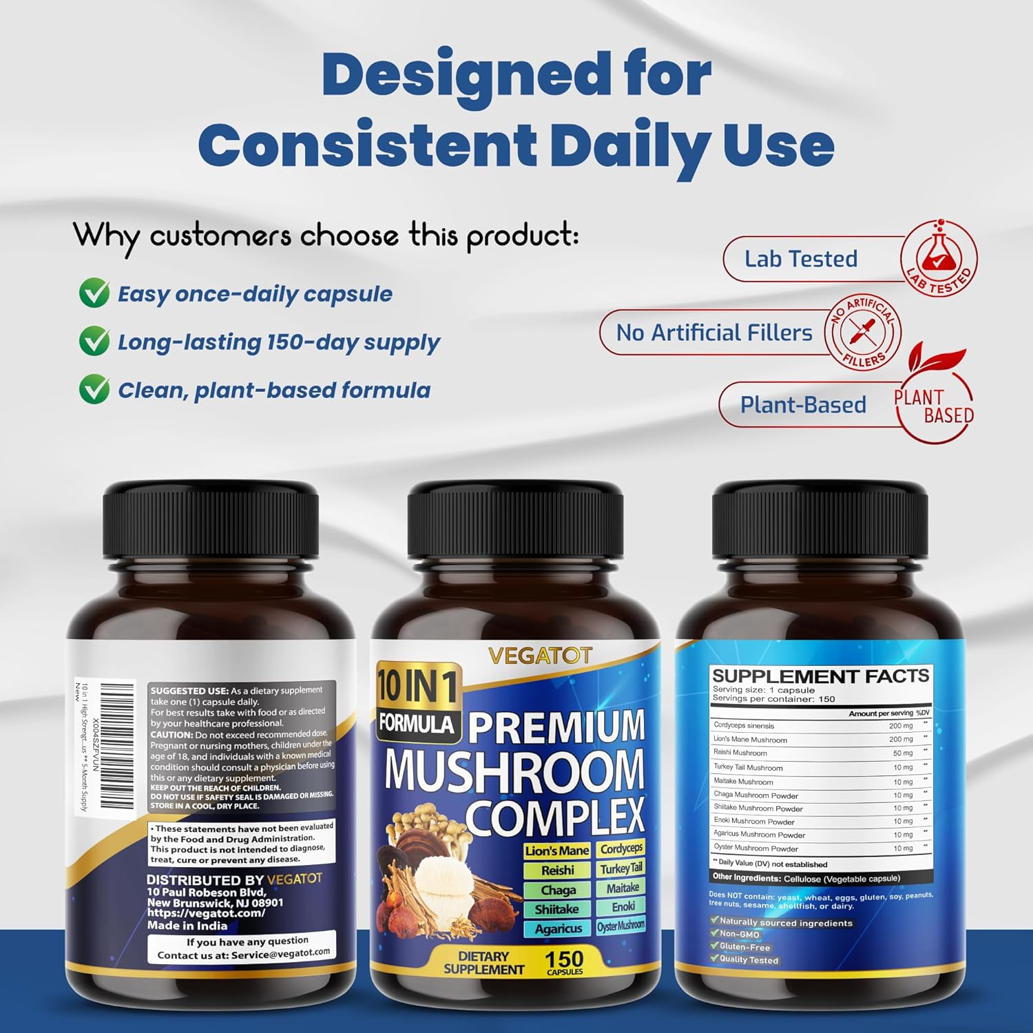 Vegatot Mushroom Complex Supplement, 10-in-1 Blend with Lion's Mane, Cordyceps, Reishi, Turkey Tail, Chaga, Maitake & Shiitake, Cognitive & Immune Wellness Support*, 150 Capsules, Non-GMO