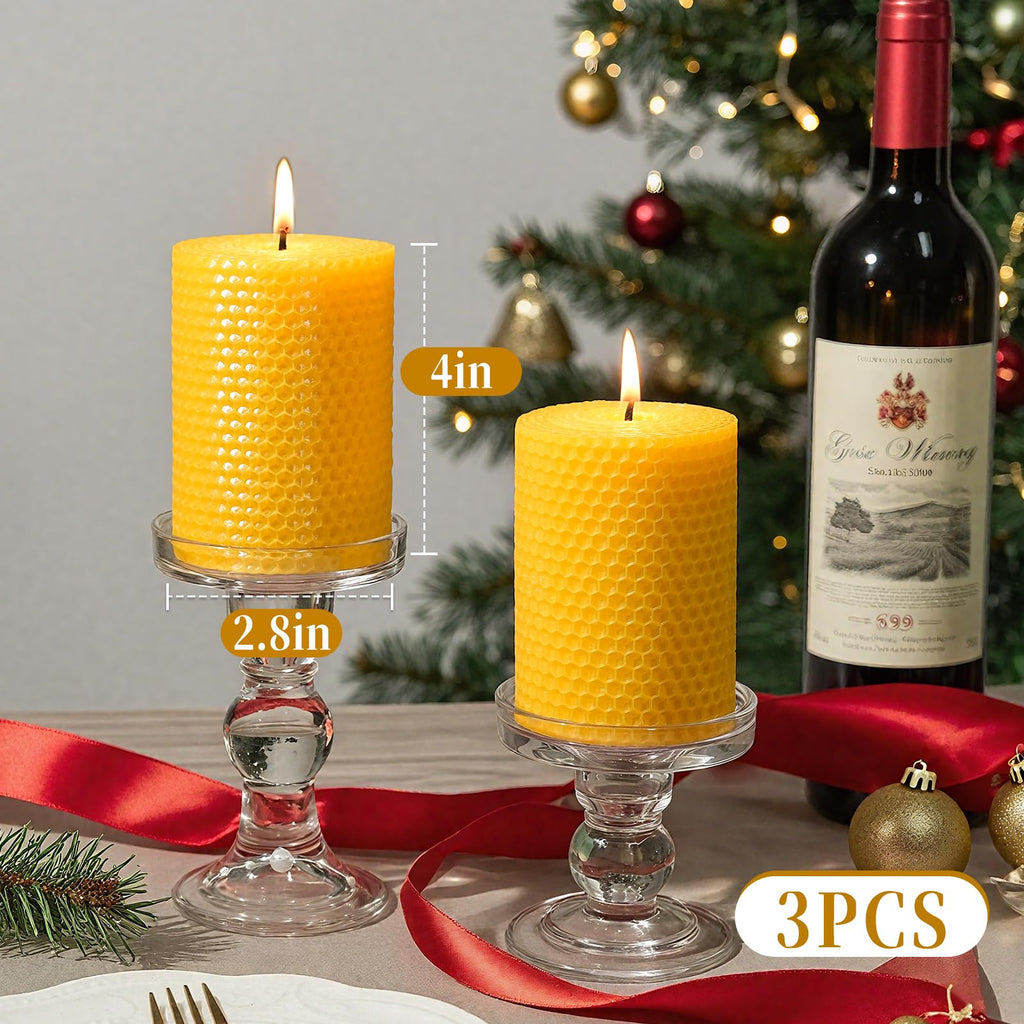 3 Pack Natural Beeswax Pillar Candles,Handmade Pure Beeswax Rolled Candle-60 Hours Long Burning,Honeycomb Bees Wax Candles for Home, Prayer,Dripless Smokeless Unscented Pillar Candle 2x4in