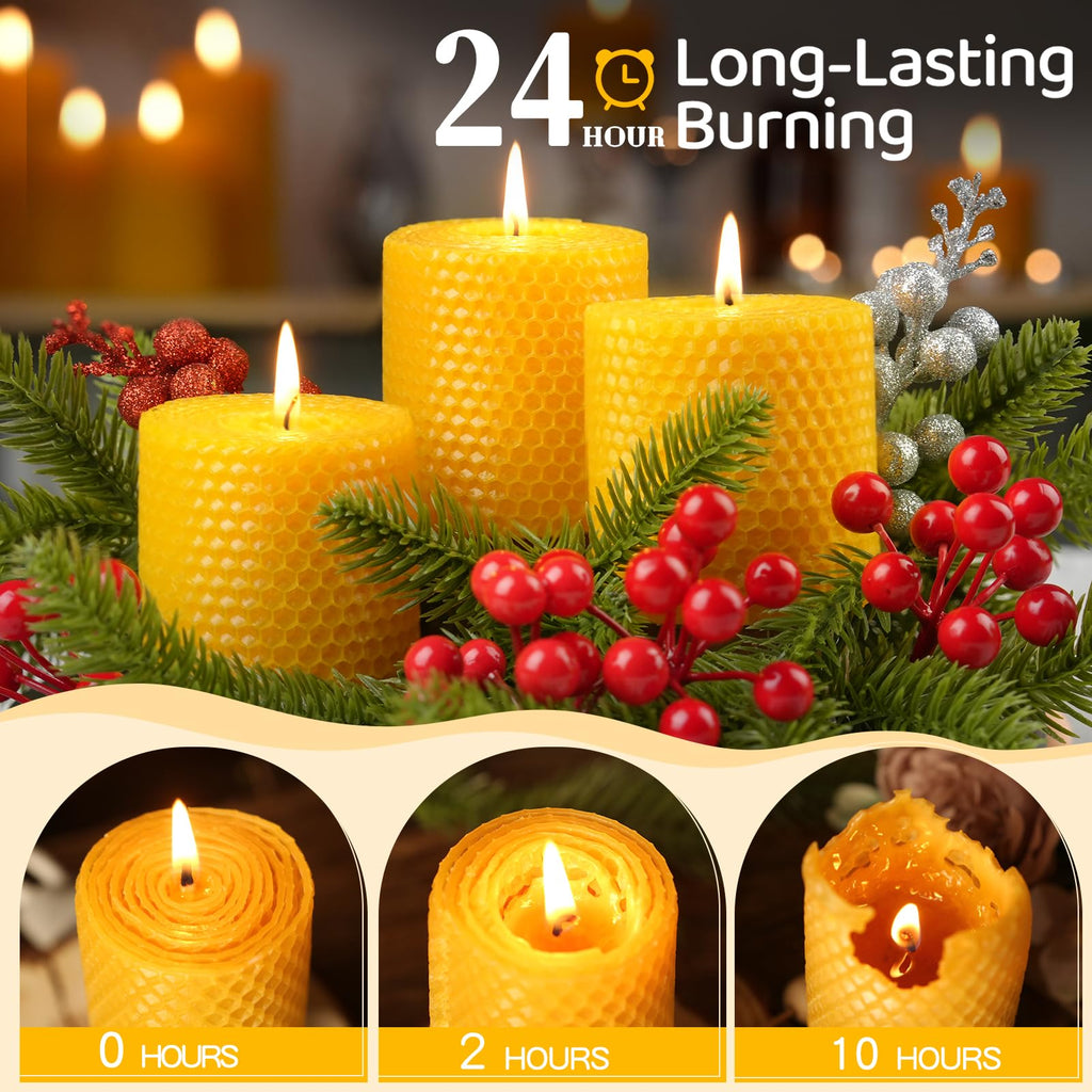 3 Pack Natural Beeswax Pillar Candles,Handmade Pure Beeswax Rolled Candle-60 Hours Long Burning,Honeycomb Bees Wax Candles for Home, Prayer,Dripless Smokeless Unscented Pillar Candle 2x4in