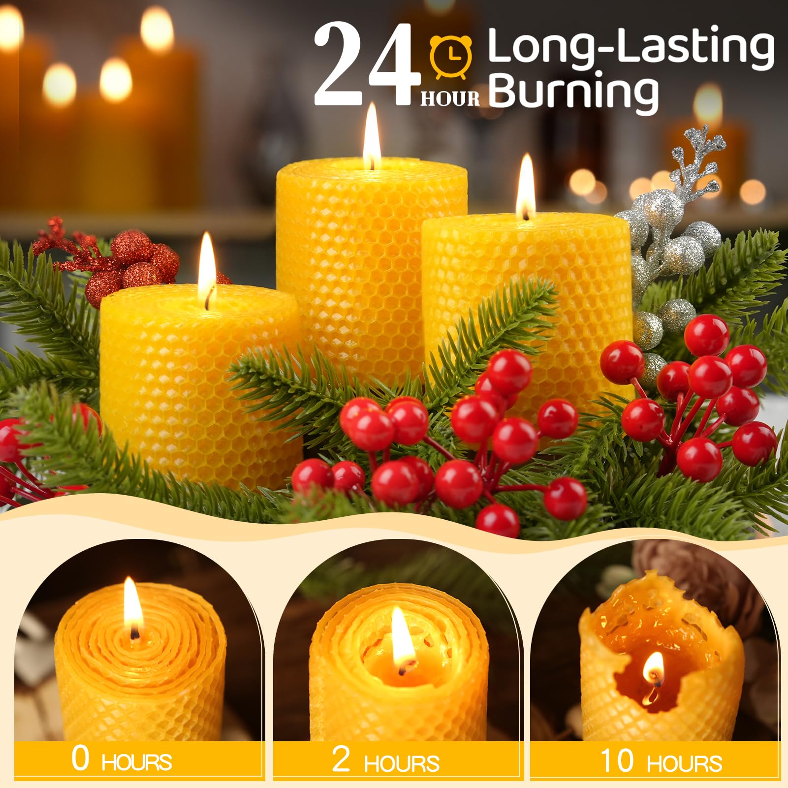 3 Pack Natural Beeswax Pillar Candles,Handmade Pure Beeswax Rolled Candle-60 Hours Long Burning,Honeycomb Bees Wax Candles for Home, Prayer,Dripless Smokeless Unscented Pillar Candle 2x4in