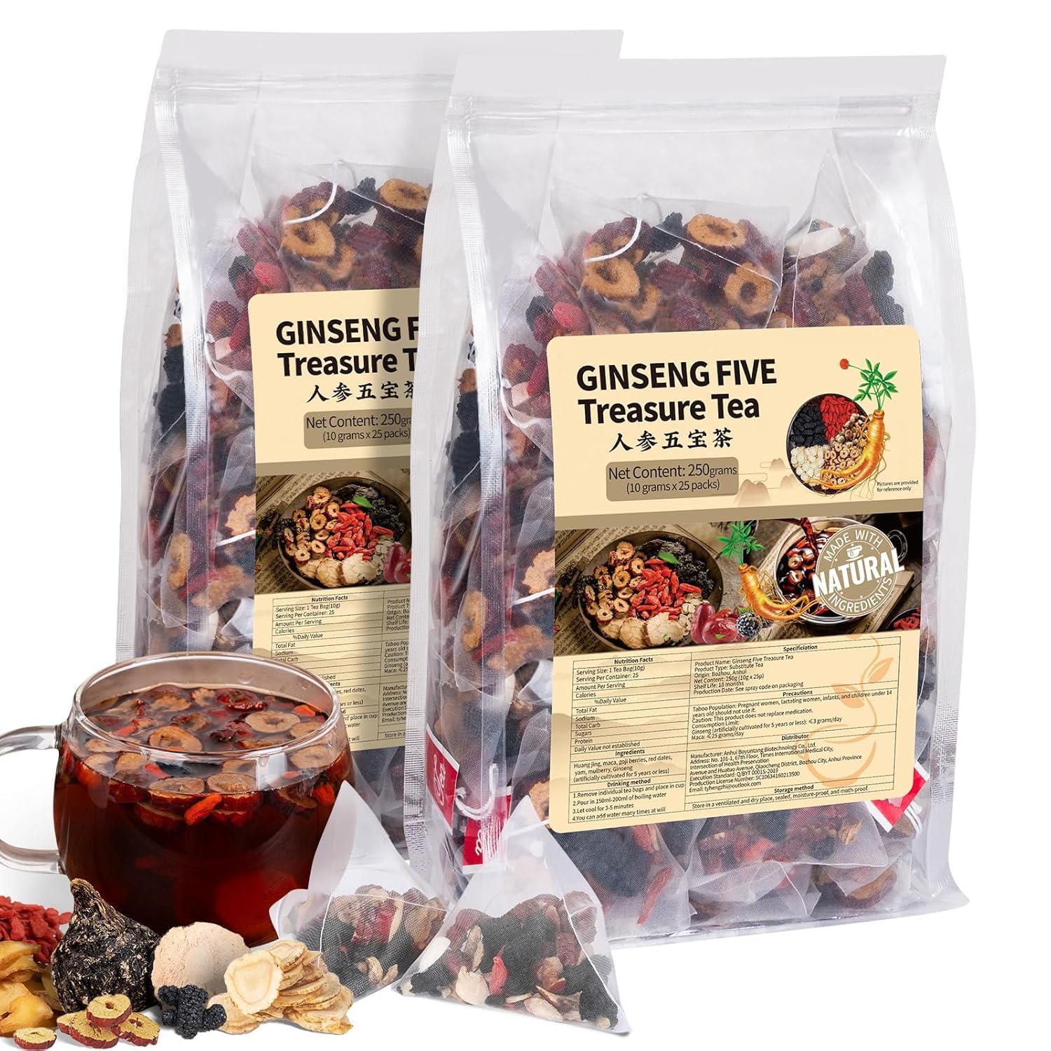 Ginseng Five Treasures Kidney Tea, Traditional Chinese Herbal TeaBags, Natural Kidney Cleanse Detox Tea for Women & Men, 7 Precious Ingredients Formula(1 Pack/25 Bags)