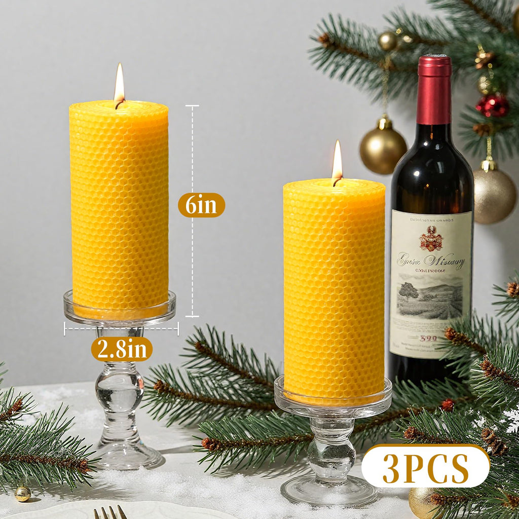 3 Pack Natural Beeswax Pillar Candles,Handmade Pure Beeswax Rolled Candle-60 Hours Long Burning,Honeycomb Bees Wax Candles for Home, Prayer,Dripless Smokeless Unscented Pillar Candle 2x4in