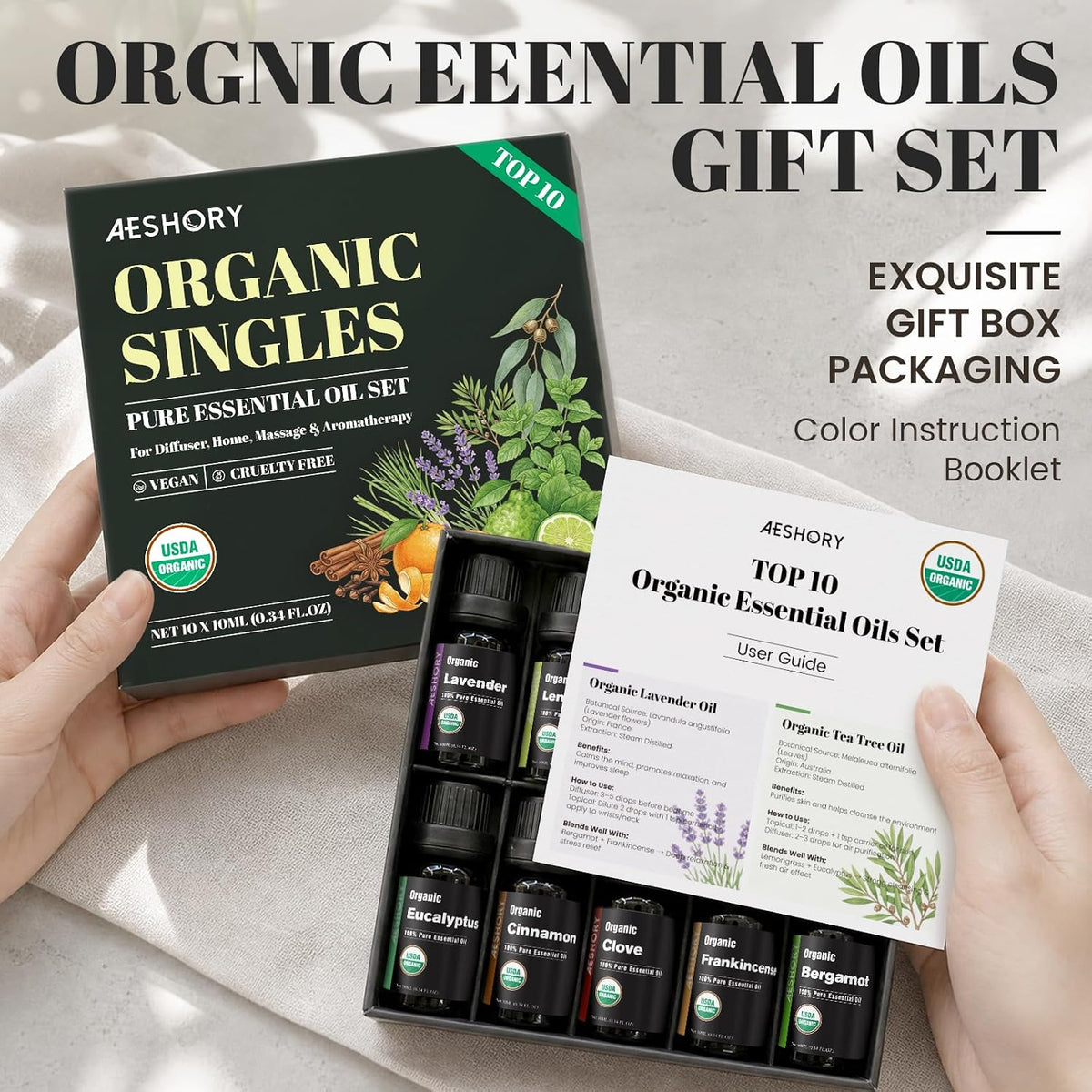Organic Essential Oils Gift Set, Top 10x10ML-100% Pure Natural Aromatherapy for Diffusers, Humidifiers, Candle Making, Peppermint, Tea Tree, Lavender, Frankincense, Lemongrass, Eucalyptus & More