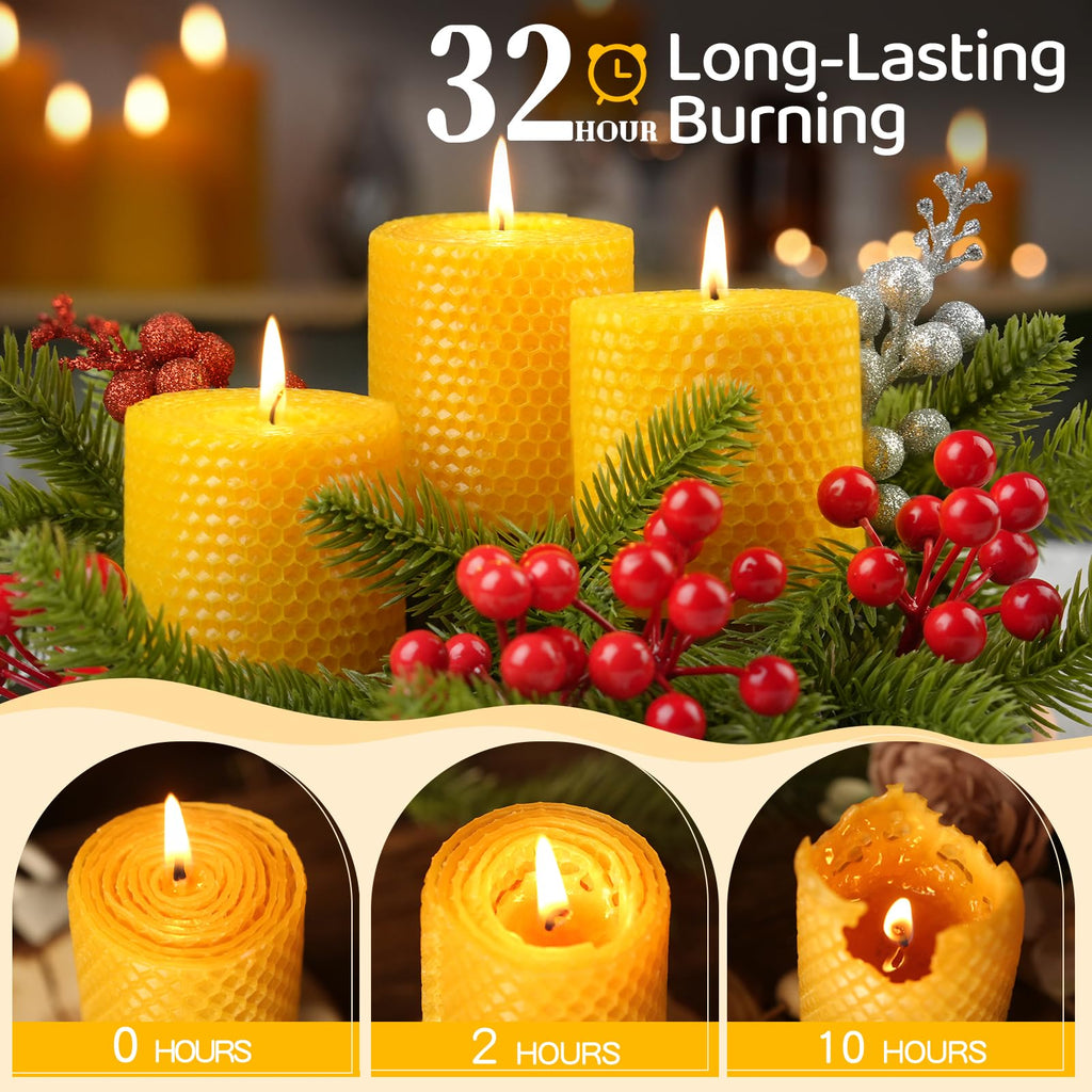3 Pack Natural Beeswax Pillar Candles,Handmade Pure Beeswax Rolled Candle-60 Hours Long Burning,Honeycomb Bees Wax Candles for Home, Prayer,Dripless Smokeless Unscented Pillar Candle 2x4in