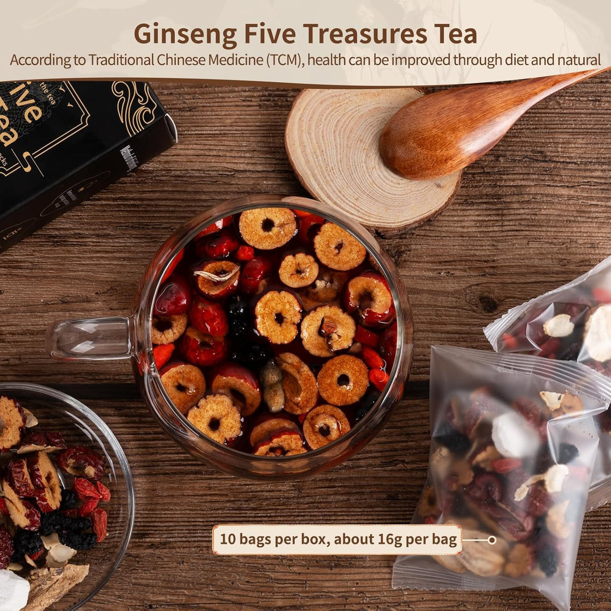 Ginseng Five Treasures Kidney Tea, Traditional Chinese Herbal TeaBags, Natural Kidney Cleanse Detox Tea for Women & Men, 7 Precious Ingredients Formula(1 Pack/25 Bags)