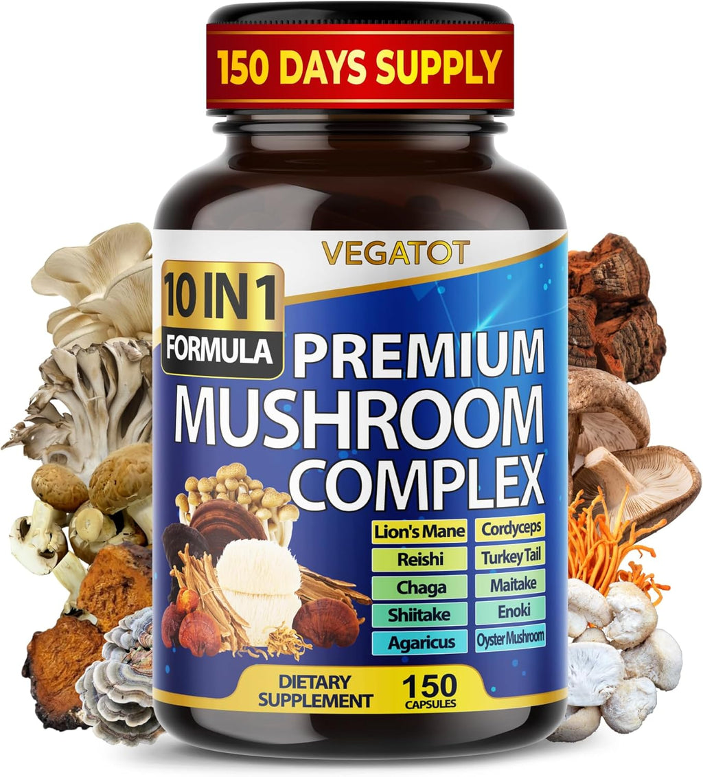 Vegatot Mushroom Complex Supplement, 10-in-1 Blend with Lion's Mane, Cordyceps, Reishi, Turkey Tail, Chaga, Maitake & Shiitake, Cognitive & Immune Wellness Support*, 150 Capsules, Non-GMO