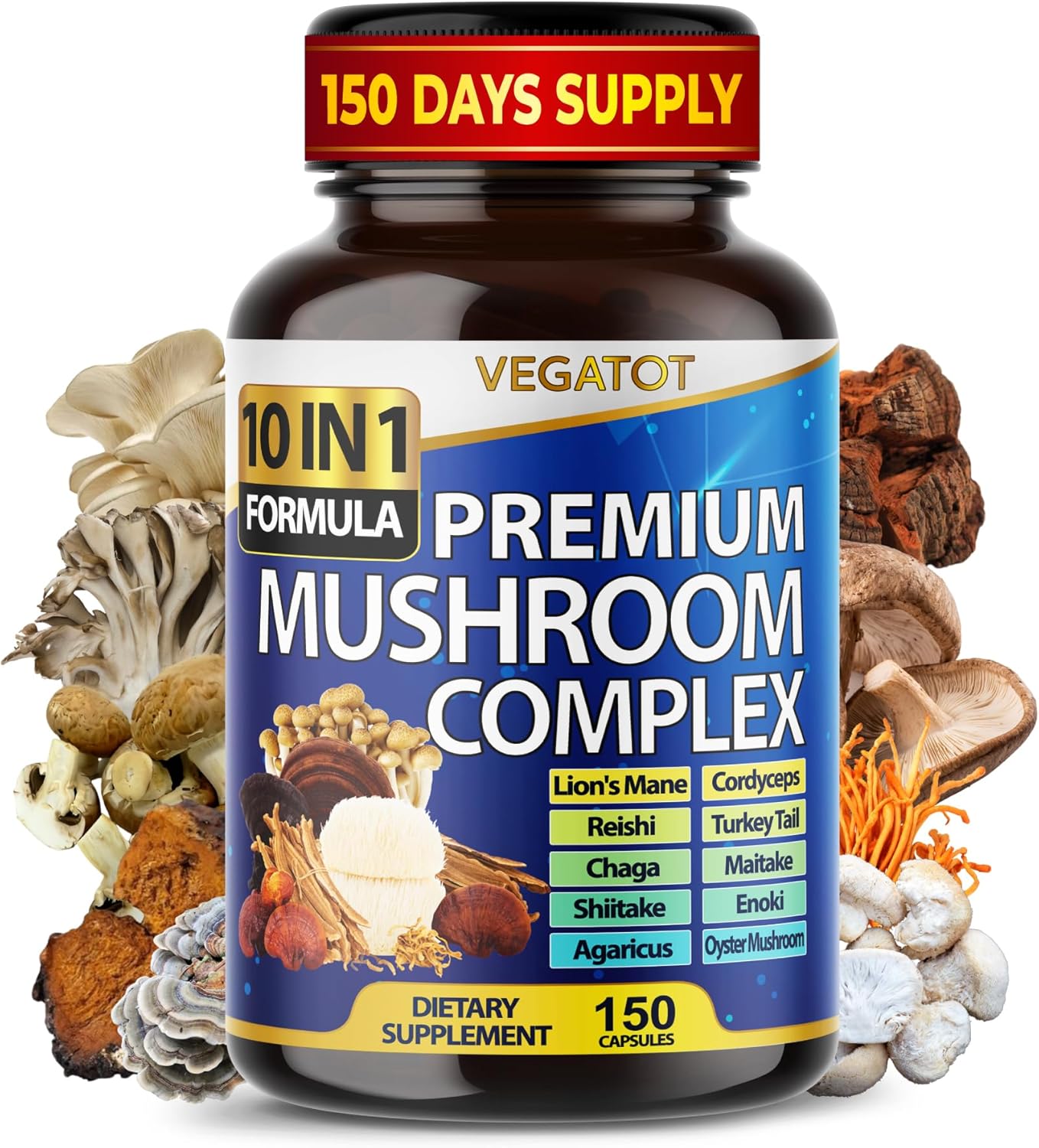 Vegatot Mushroom Complex Supplement, 10-in-1 Blend with Lion's Mane, Cordyceps, Reishi, Turkey Tail, Chaga, Maitake & Shiitake, Cognitive & Immune Wellness Support*, 150 Capsules, Non-GMO