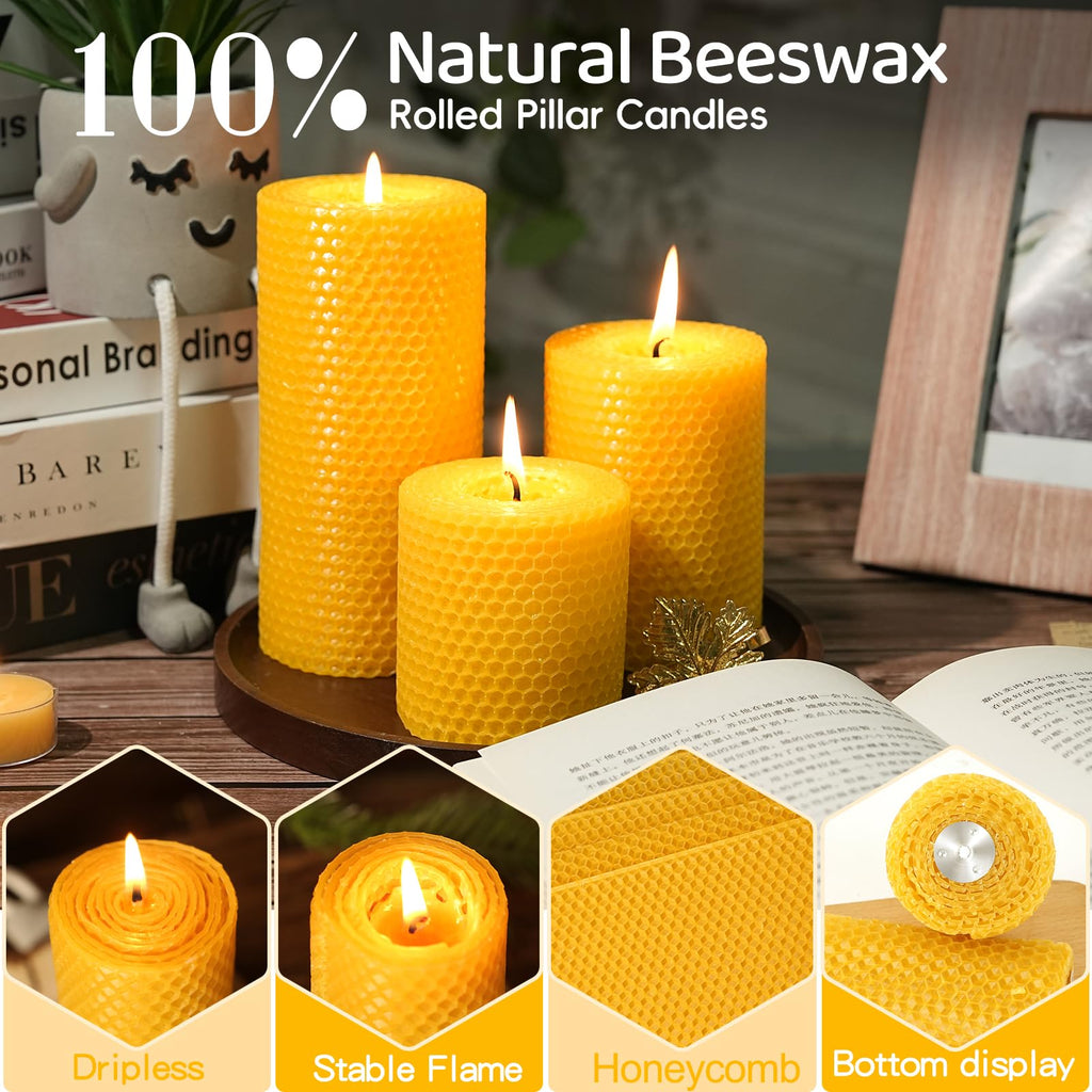3 Pack Natural Beeswax Pillar Candles,Handmade Pure Beeswax Rolled Candle-60 Hours Long Burning,Honeycomb Bees Wax Candles for Home, Prayer,Dripless Smokeless Unscented Pillar Candle 2x4in