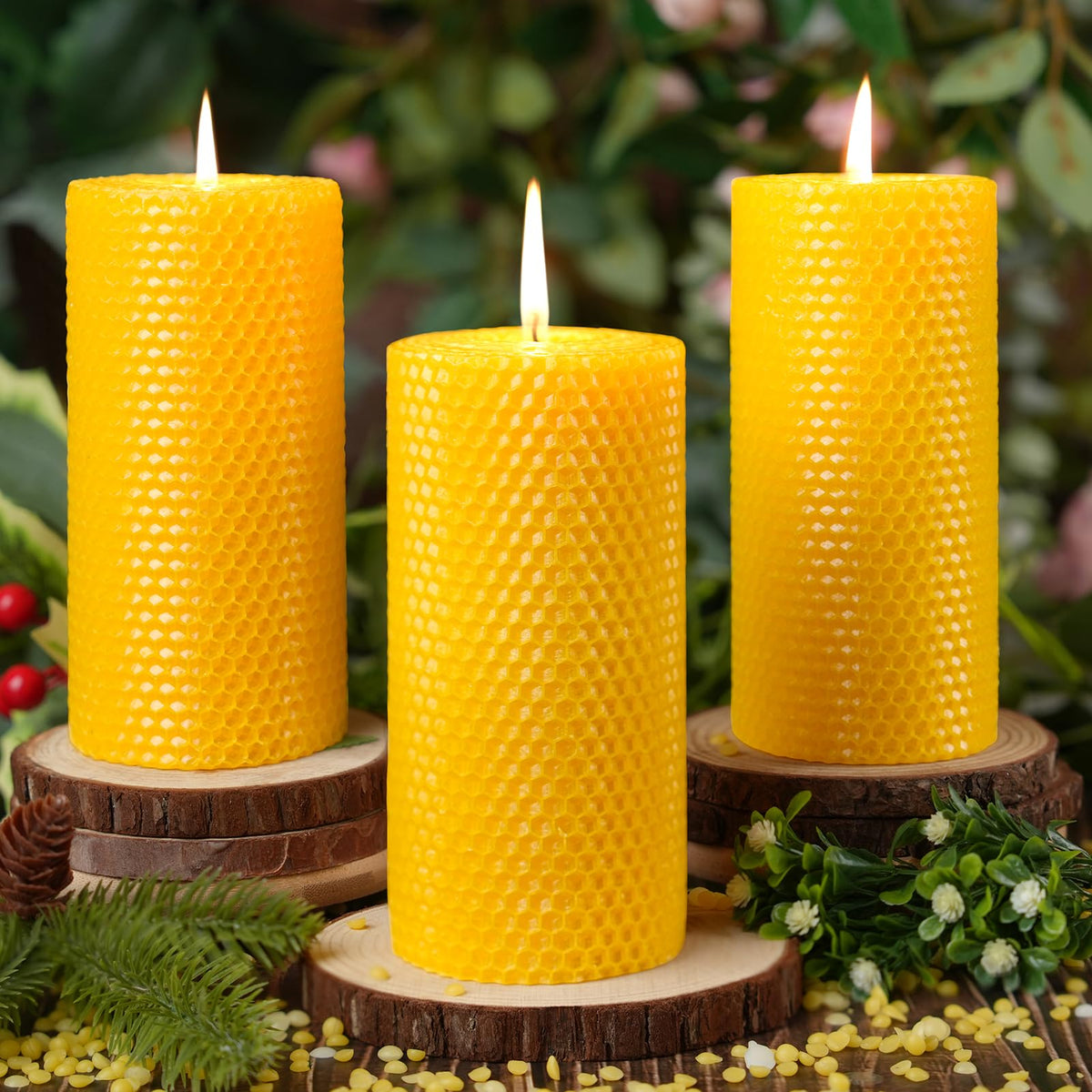 3 Pack Natural Beeswax Pillar Candles,Handmade Pure Beeswax Rolled Candle-60 Hours Long Burning,Honeycomb Bees Wax Candles for Home, Prayer,Dripless Smokeless Unscented Pillar Candle 2x4in