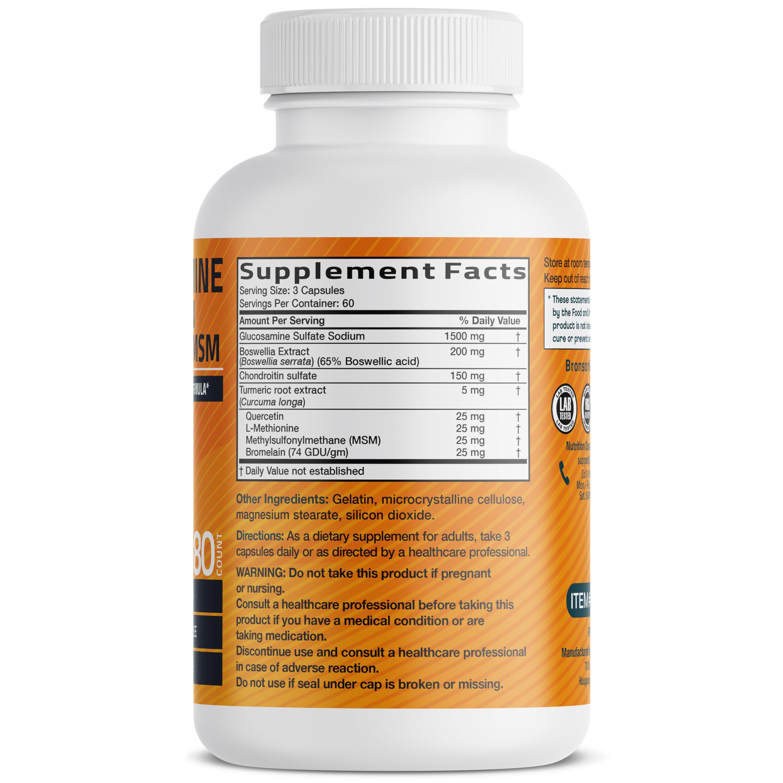 Bronson Glucosamine Chondroitin Turmeric & MSM Advanced Joint & Cartilage Formula, Supports Healthy Joints, Mobility & Cartilage - Non-GMO, 90 Capsules