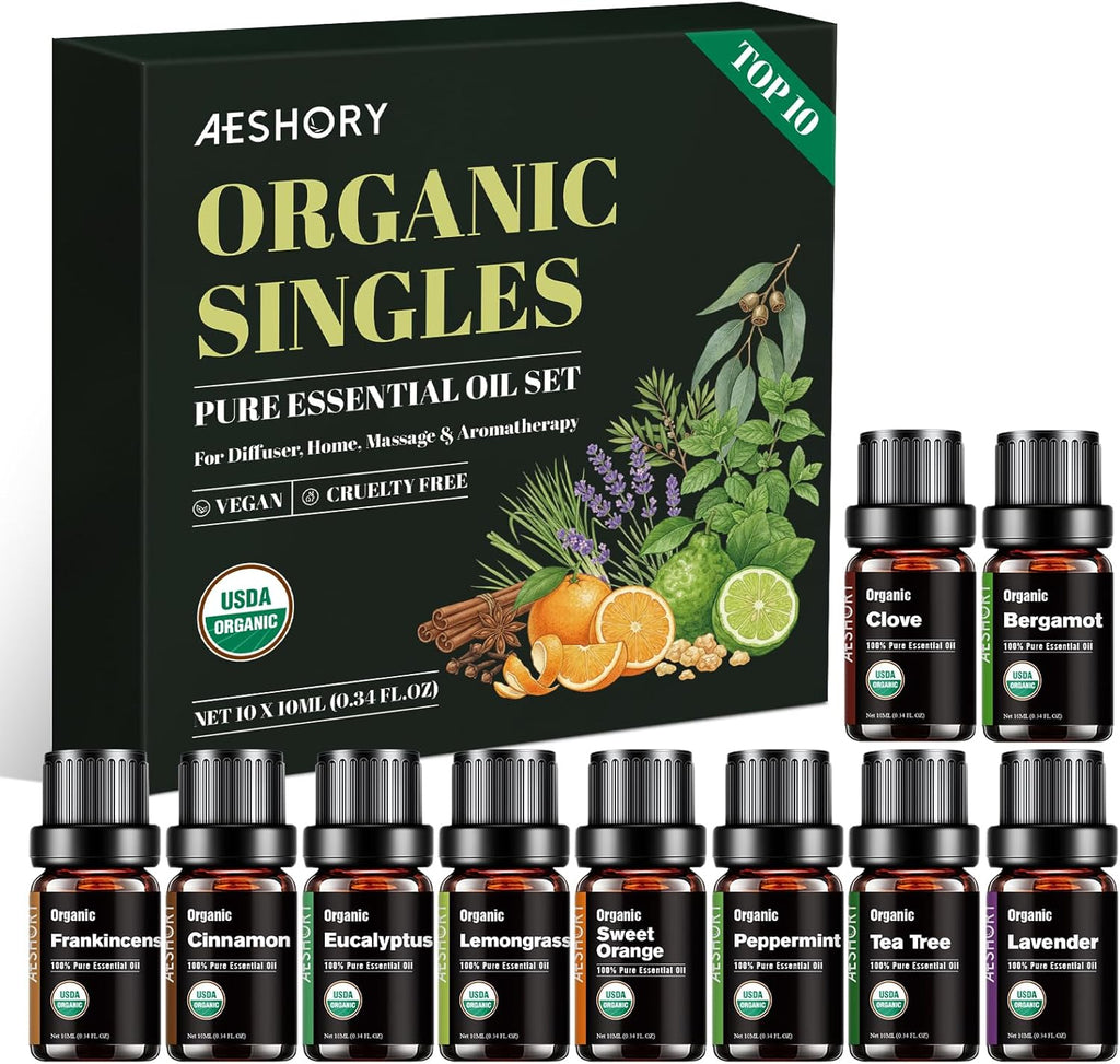 Organic Essential Oils Gift Set, Top 10x10ML-100% Pure Natural Aromatherapy for Diffusers, Humidifiers, Candle Making, Peppermint, Tea Tree, Lavender, Frankincense, Lemongrass, Eucalyptus & More