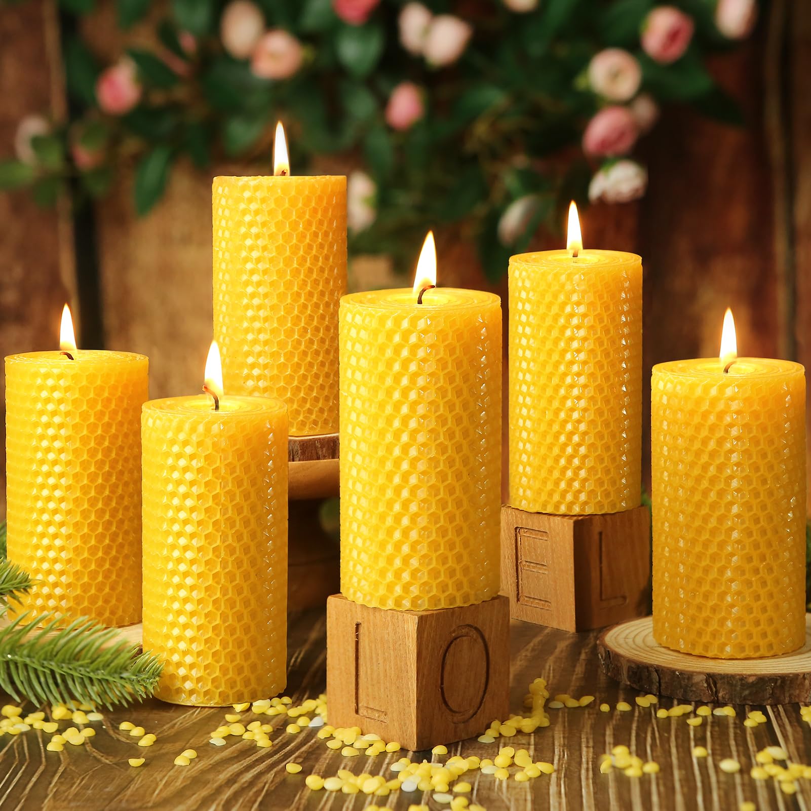 3 Pack Natural Beeswax Pillar Candles,Handmade Pure Beeswax Rolled Candle-60 Hours Long Burning,Honeycomb Bees Wax Candles for Home, Prayer,Dripless Smokeless Unscented Pillar Candle 2x4in